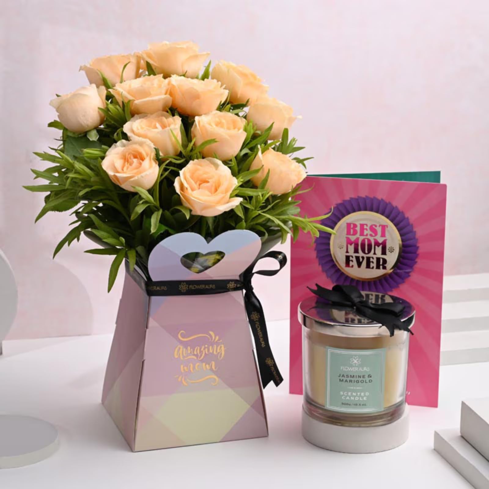 FlowerAura Fresh Live 12 Peach Roses In Box Flower Bouquet With Candle & Greeting Card | Gift For Mother | Gift For Mom | Gift For Maa | Gift For Mother-In-Law | Mother's Day Gift (Same Day Delivery)-image-1