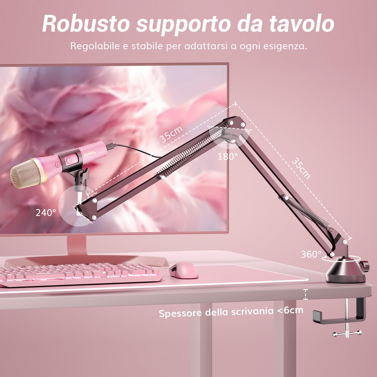 TONOR Microfono Dinamico USB/Tipo C per PC, Microfono da Gioco per Computer Podcast RGB con Supporto da Braccio per Registrazione, Live, Streaming, Youtube, Canto, Studio, Microphone per Karaoke Rosa