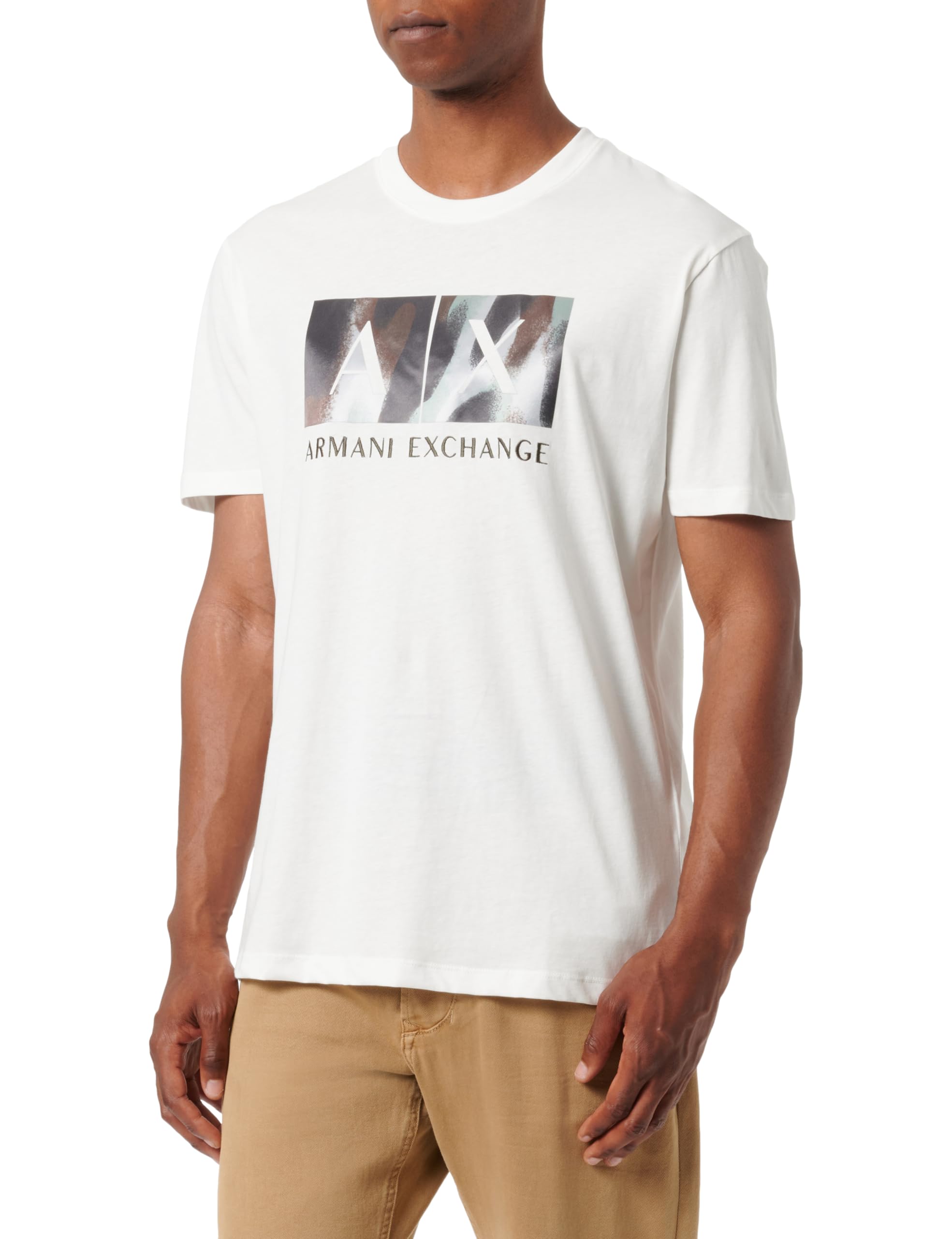 Armani Exchange Męska koszulka Classic Ax Box z logo Camo Background Regular Fit Tee T-Shirt, Off White, XL