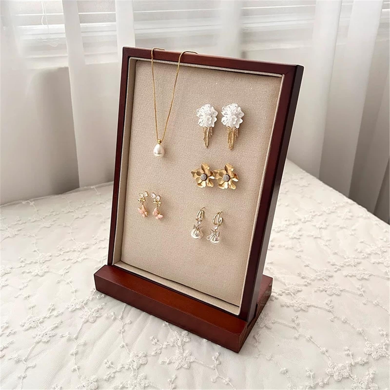 Porte-bijoux Présentoir de boucles d'oreilles en lin et bois style cadre photo