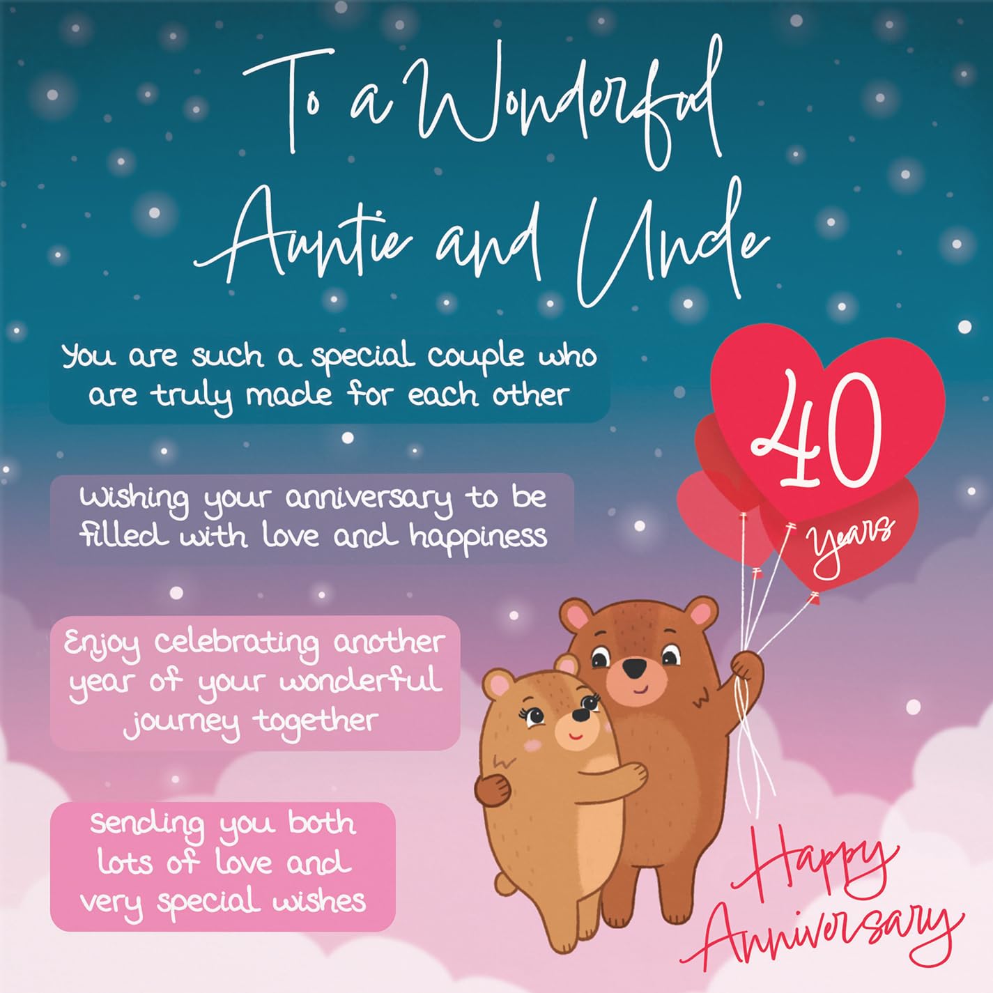 Hunts England, Auntie And Uncle 40th Anniversary Card, Starry Night, Cute Bears - Image 2