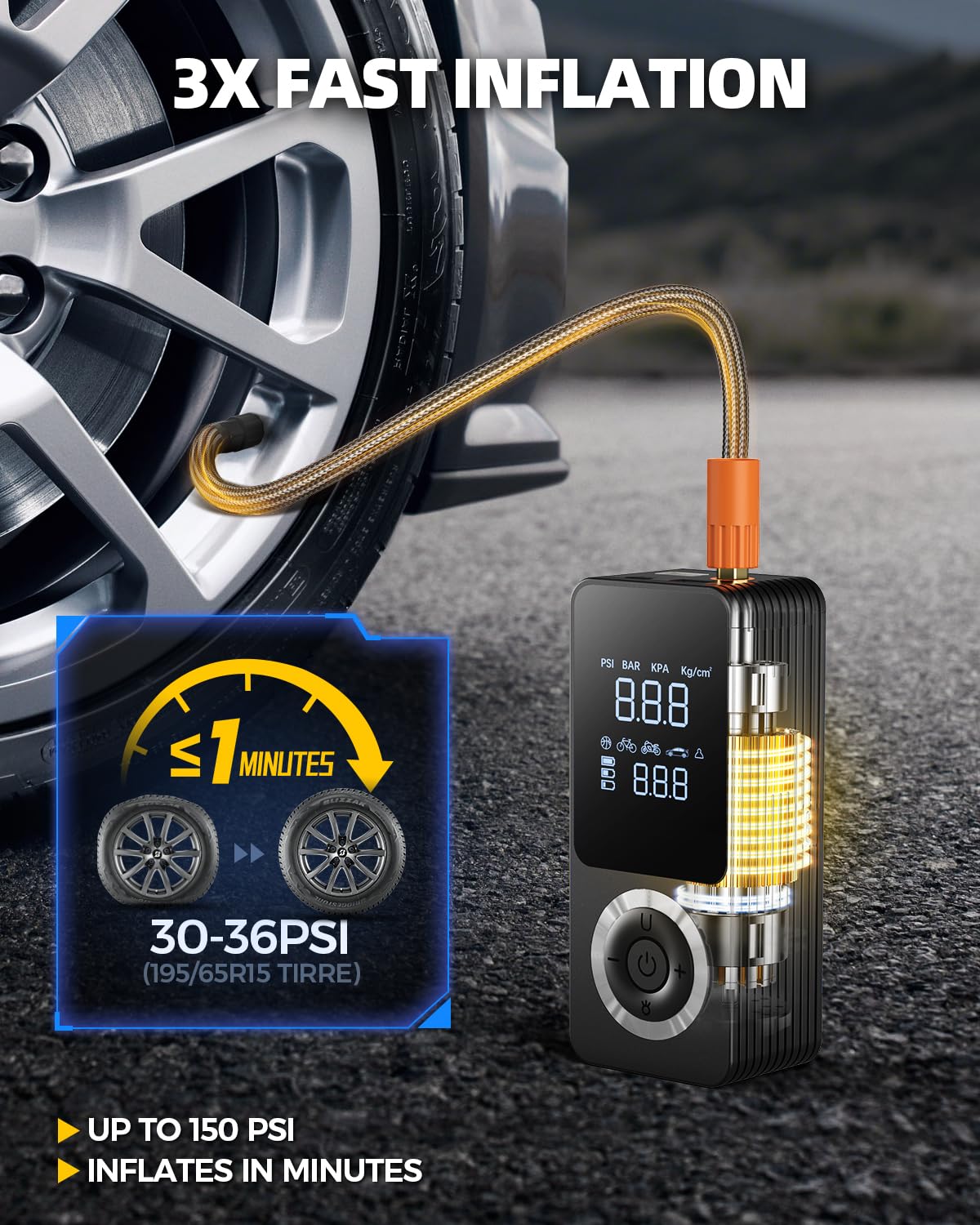 Gonfleur de pneu sans fil, compresseur d'air portable, pompe à air intelligente pour pneu de voiture avec manomètre numérique, lumière LED, adaptateur d'alimentation de voiture 12 V, boîte de