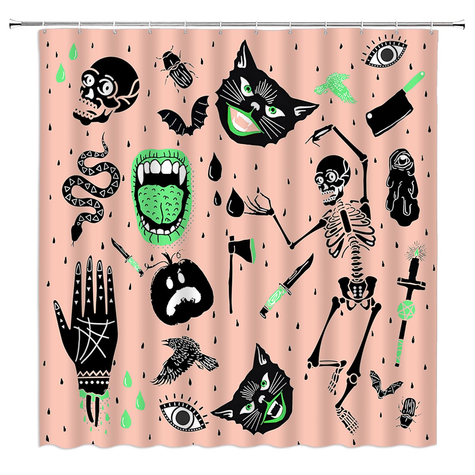 GCTNBJL Halloween Shower Curtain Spooky Alchemy Witchy Skull Skeleton Cat Pumpkin Palmistry Gothic Boho Magic Ouija Board Black Green Pink Bathroom Home Curtain with Hooks,70" Wx70 H