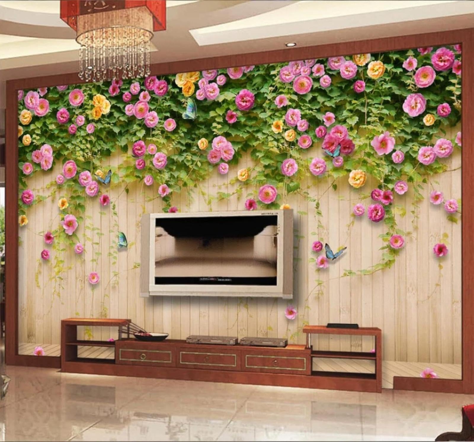 Green Vines Butterflies Roses Wood Grain 3D Wallpaper Easy Install Feature Office Living Room Sofa Bedroom TV Background Wall Decoration-400cm×280cm