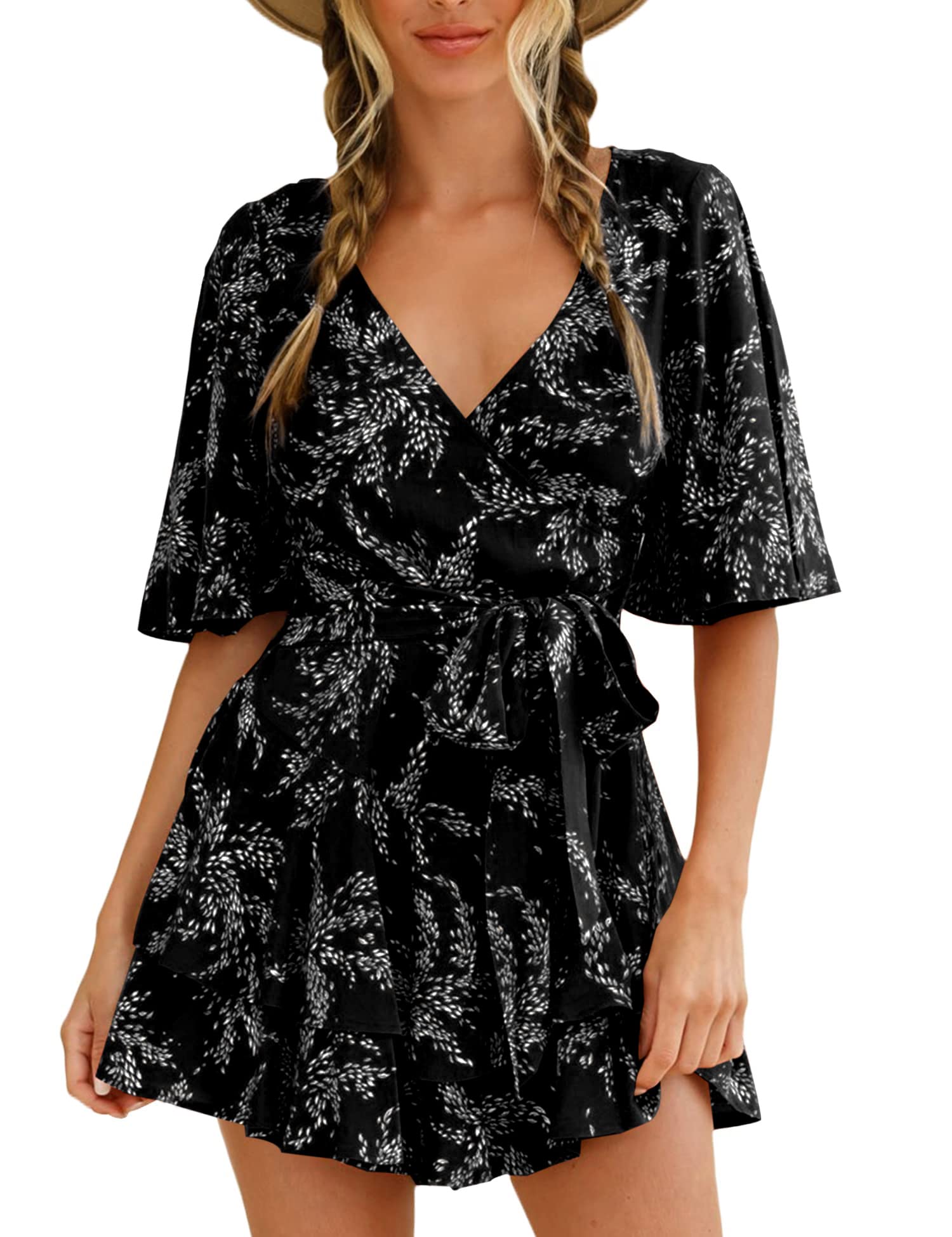 Relipop Women’s Summer Romper Floral V Neck Short Sleeve Waist Tie Ruffle Hem Vacation Outfits 2026 Casual One Piece Jumpsuit