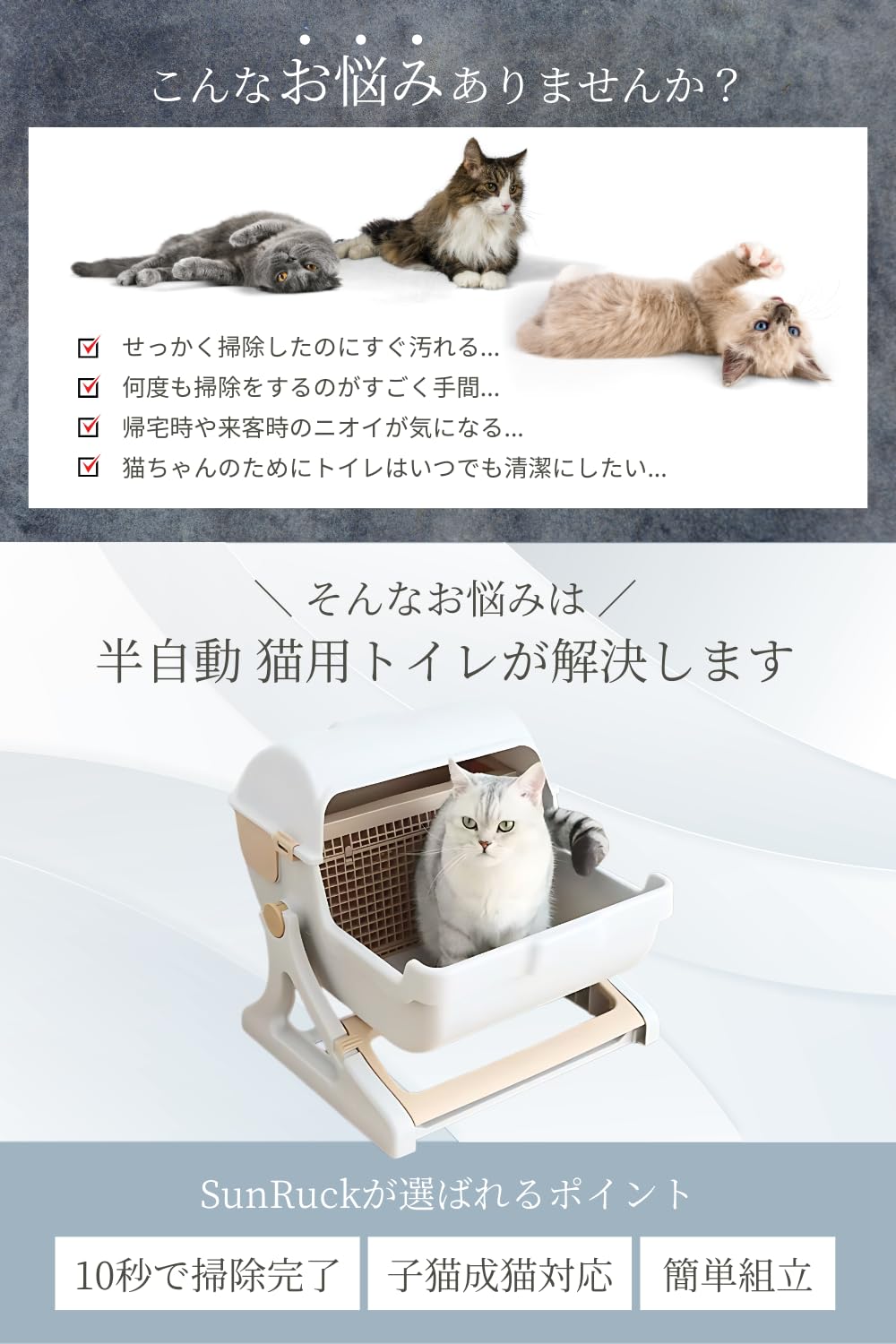 Amazon | SunRuck 半自動猫用トイレ 猫用トイレ 固まる猫砂用 回転して 