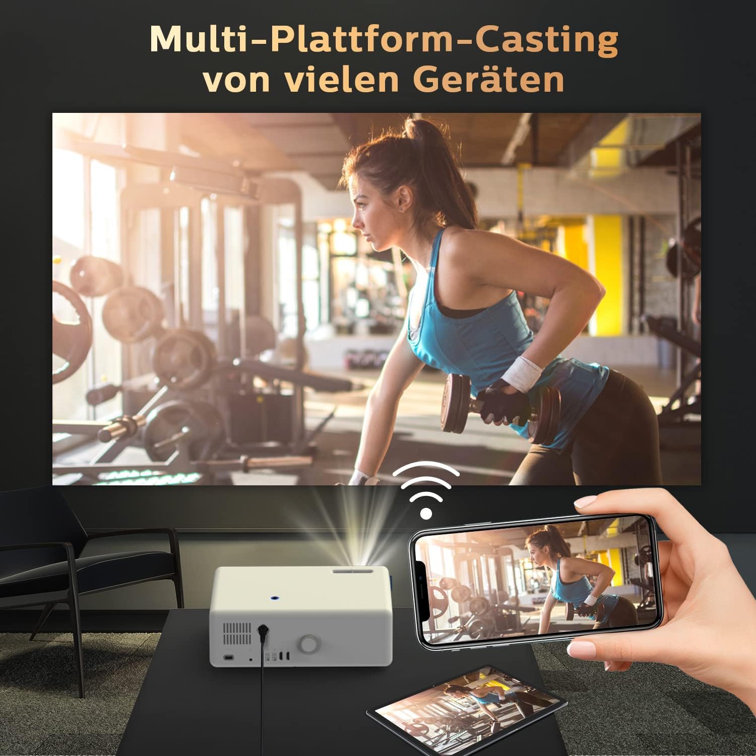 A smartphone wirelessly casting content to the VIVIBRIGHT D5000 projector, demonstrating multi-platform screen mirroring.