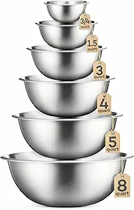FineDine Stainless Steel Mixing Bowls Set, Dishwasher Safe, Up To 8 Quart Metal Mixing Bowls For Kitchen, Nesting, Large, Small, Big Food Prep, Cooking, Baking