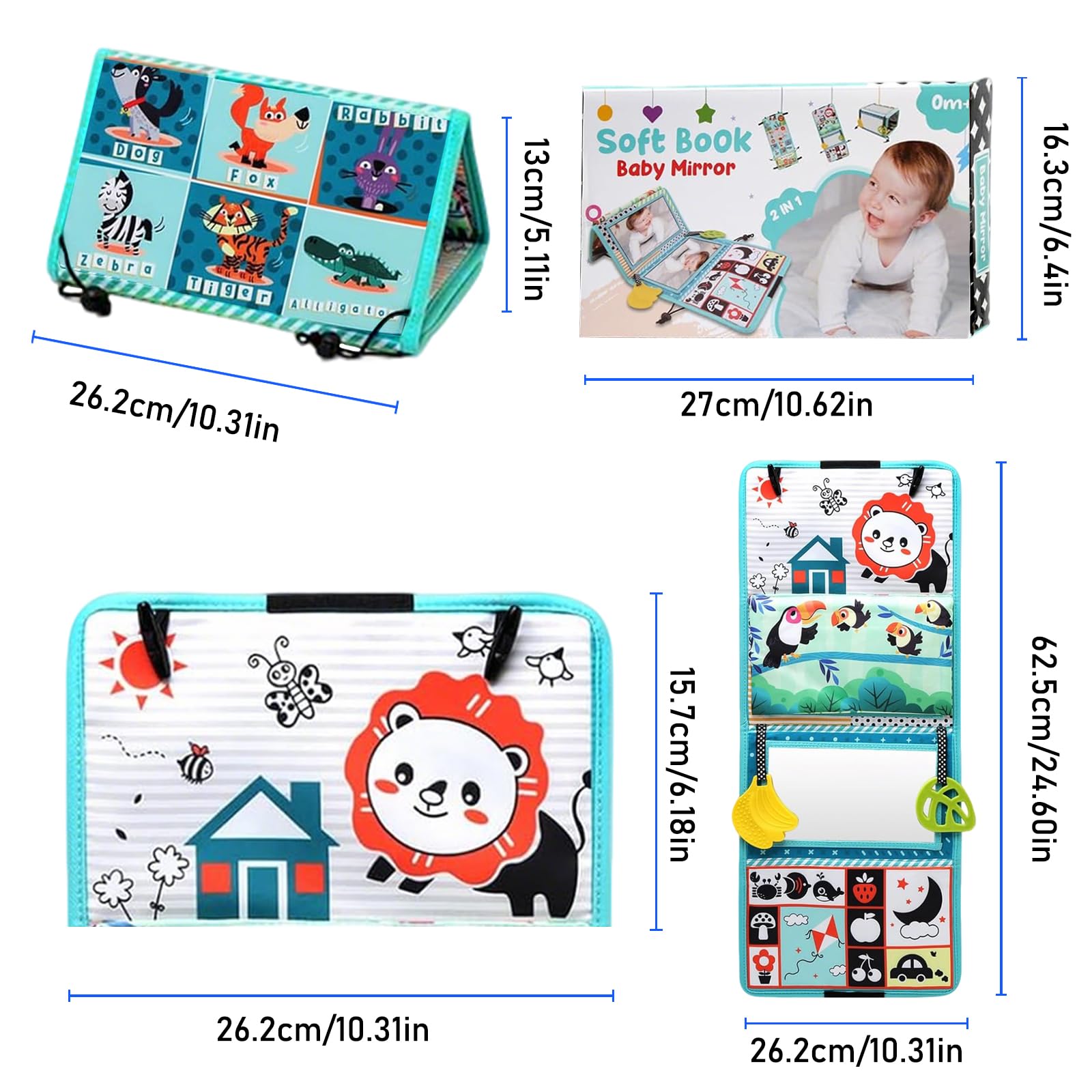 Jouet Miroir Bébé Pliable Tummy Time - Livre En Tissu Avec Cartes Contrastées, Miroir Double Face, Jouet Montessori 0-12 Mois