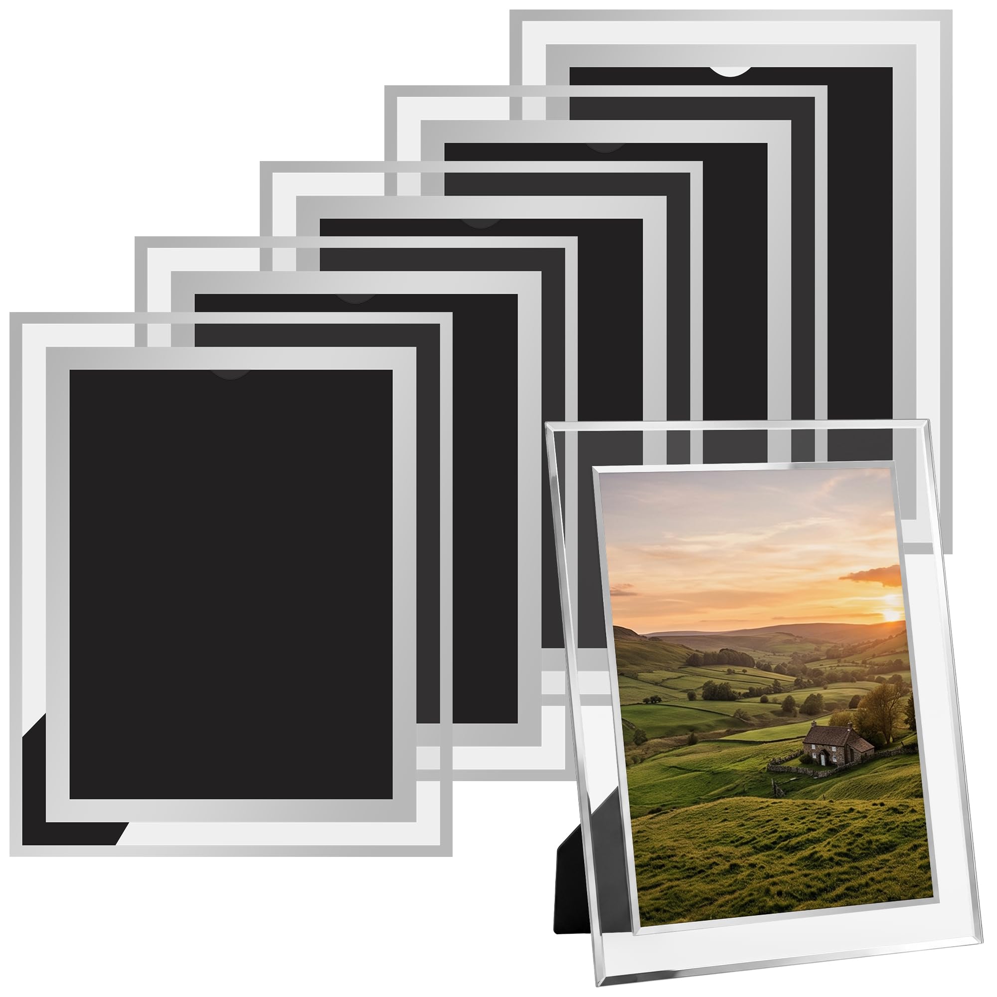 CHEUNGR 6 PCS 8" x 6" Glass Photo Frames, Picture Frames Silver Mirrored Glass Frame, Transparent Picture Frame for Desktop Display, Family, Wedding, Memories, Landscape and Home Decoration