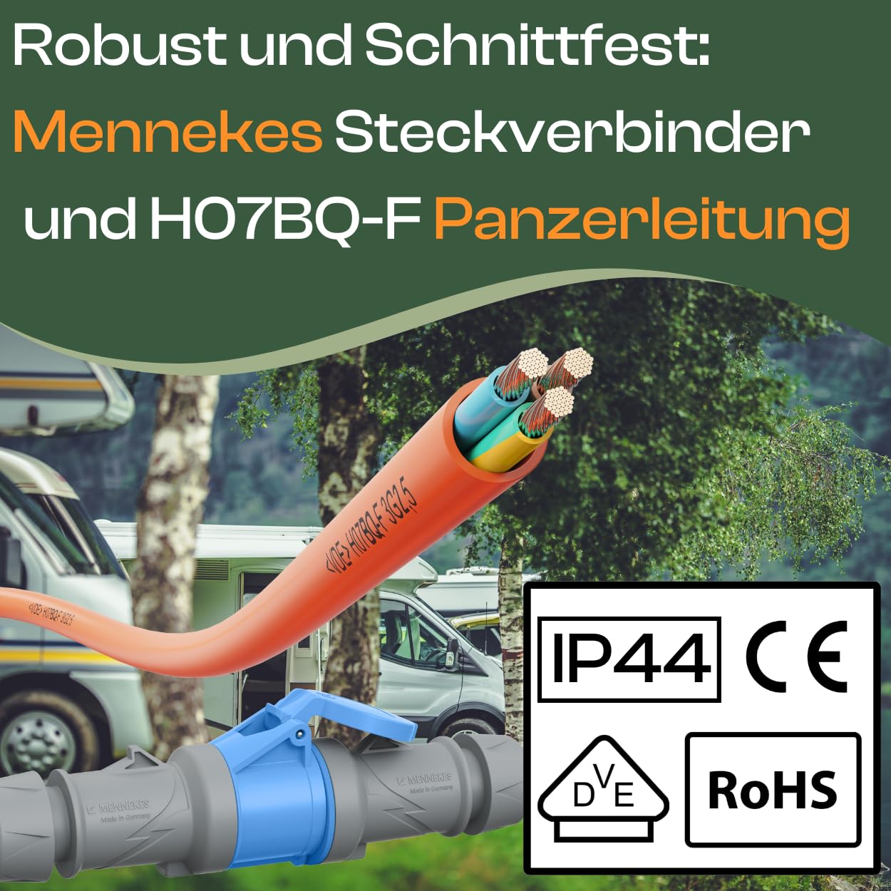 Camping Kabel 10 Meter CEE Verlängerungskabel 10m Außen H07BQ-F 3x2,5 Strom Wohnwagen Landstromanschluss Wohnmobil Caravan Orange Verlängerung Stromkabel Verlaengerungskabel Outdoor