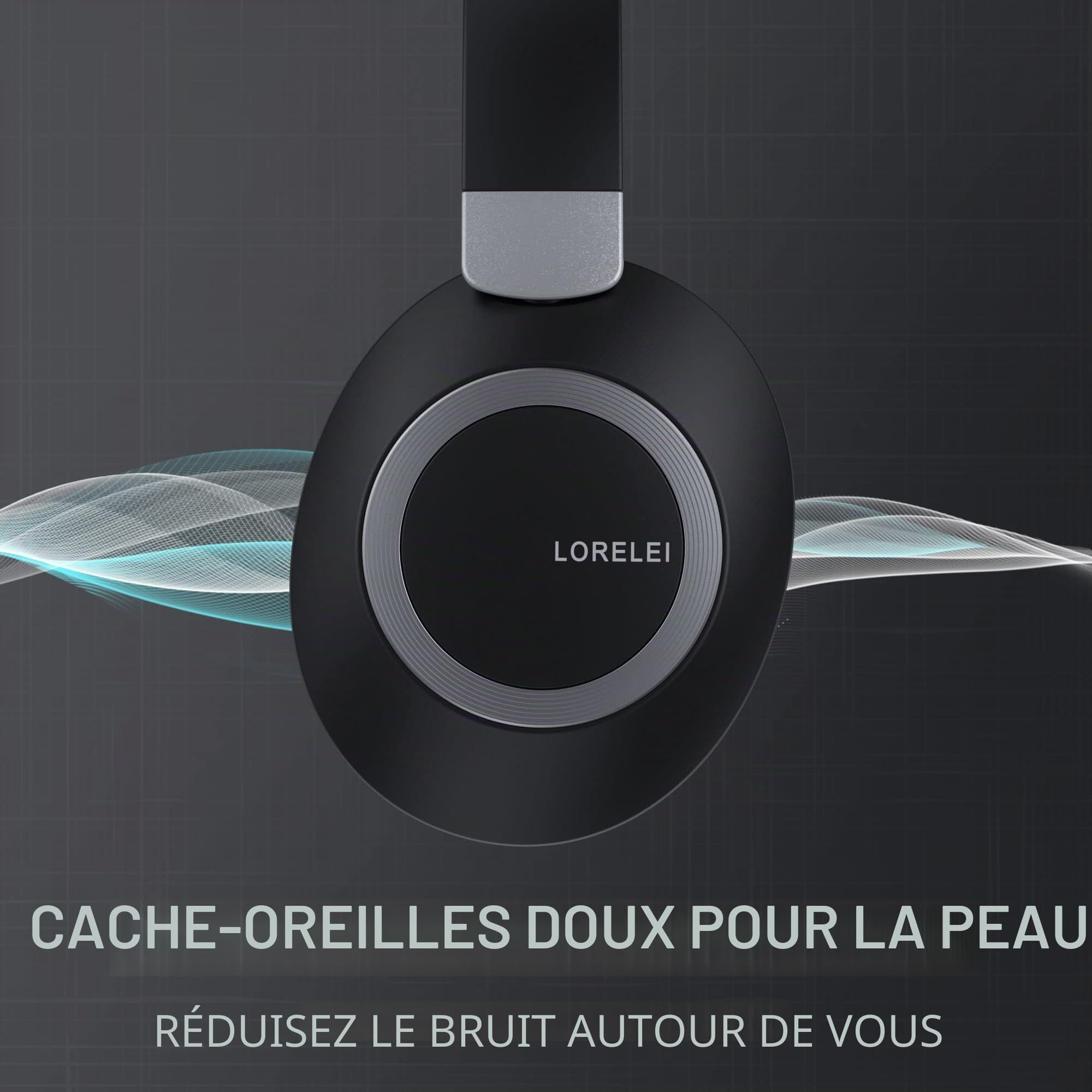LORELEI B-C6 Casque sans fil supra-auriculaire, 50H Playtime Casque Bluetooth pliable et léger, basses profondes, microphone intégré, cache-oreilles en mousse à mémoire de forme, pour les voyages