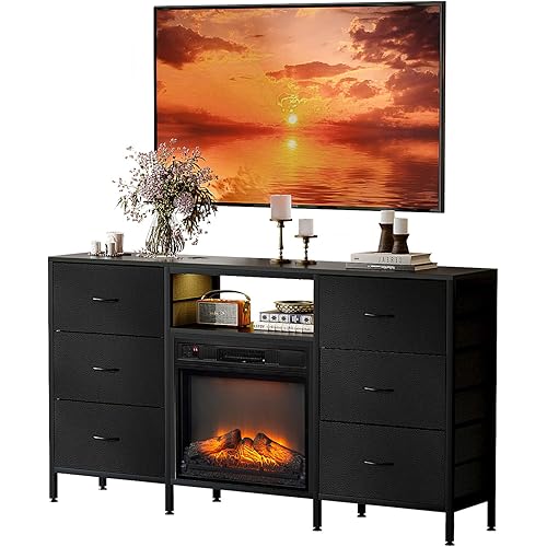 Bonnlo 58" Fireplace TV Stand with Drawers, Black Electric Fireplace Dresser 18" Fireplace Heater, 6 Flame Colors & Timer, 7 Fabric Drawers and RGB LED Lights for Living Room & Bedroom