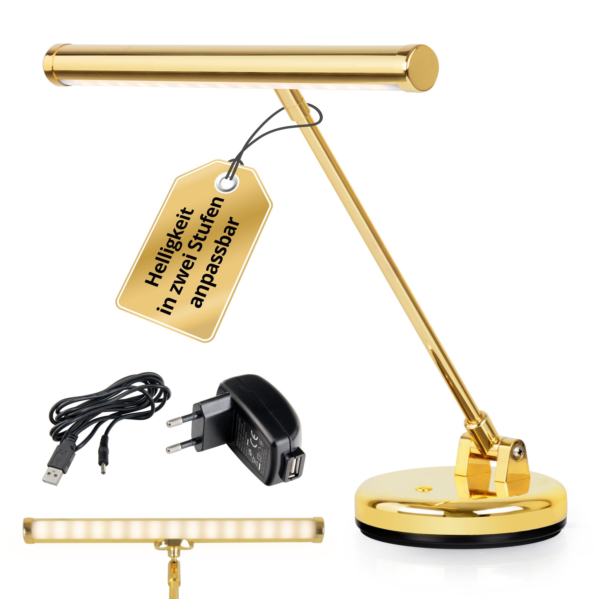 Showlite PL-1-GD-WW Lampada LED per Pianoforte - Lampada per Pianoforte con 15 LED - luce warm white a 2 livelli - altezza 36 cm - alimentazione via USB, rete o batteria - oro lucido