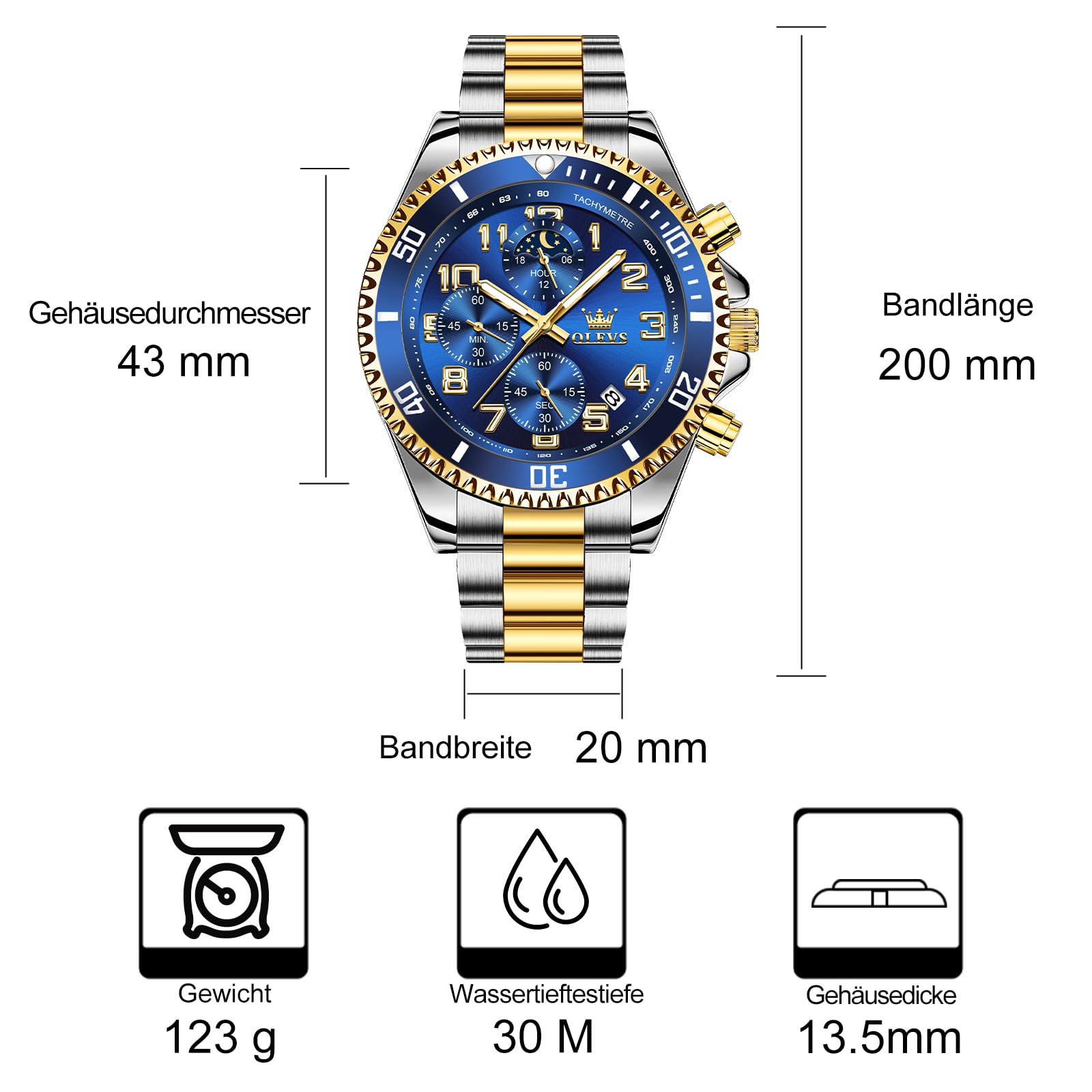 OLEVS Groß Uhr Herren Wasserdicht Leuchtend Edelstahl Mondphase Armbanduhr Herren Analog Chronograph Herrenuhren Arabische Ziffern mit Datum