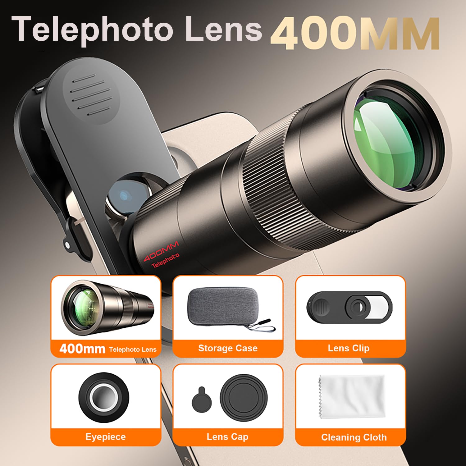 400-mm-Teleobjektiv für iPhone, Android-Handy-Kamera, HD-Handy-Teleskopobjektiv mit Universalclip, für Multi-Szenen-Fotografie wie Wildtiere, Sport, Konzerte, Blumen usw.