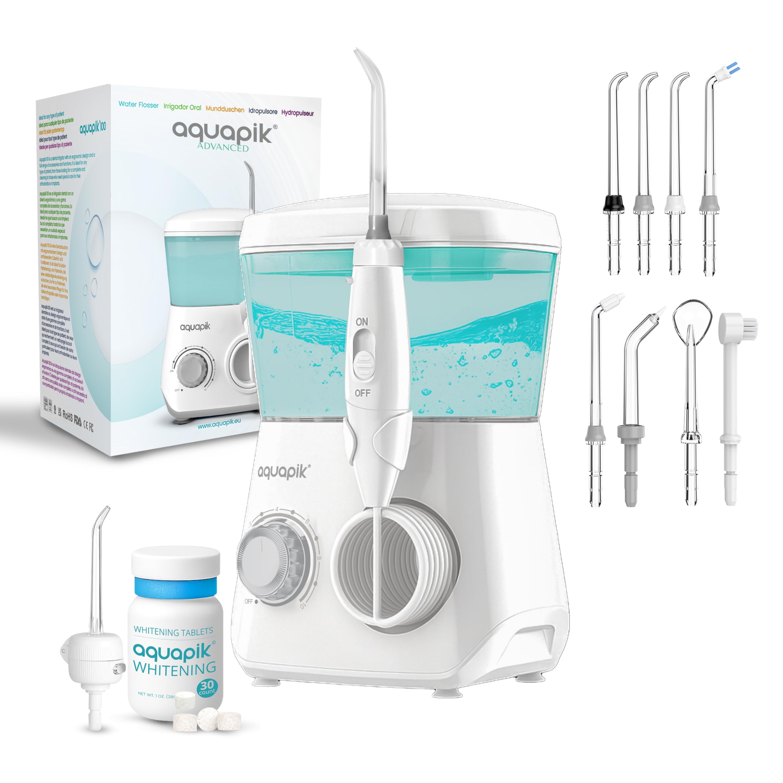 Aquapik Advanced irygator do jamy ustnej, idealny do aparatów ortodontycznych, implantów i wrażliwych dziąseł, zestaw do rozjaśniania usuwa plamy | 10 poziomów ciśnienia | 10 dysz | zalecany przez