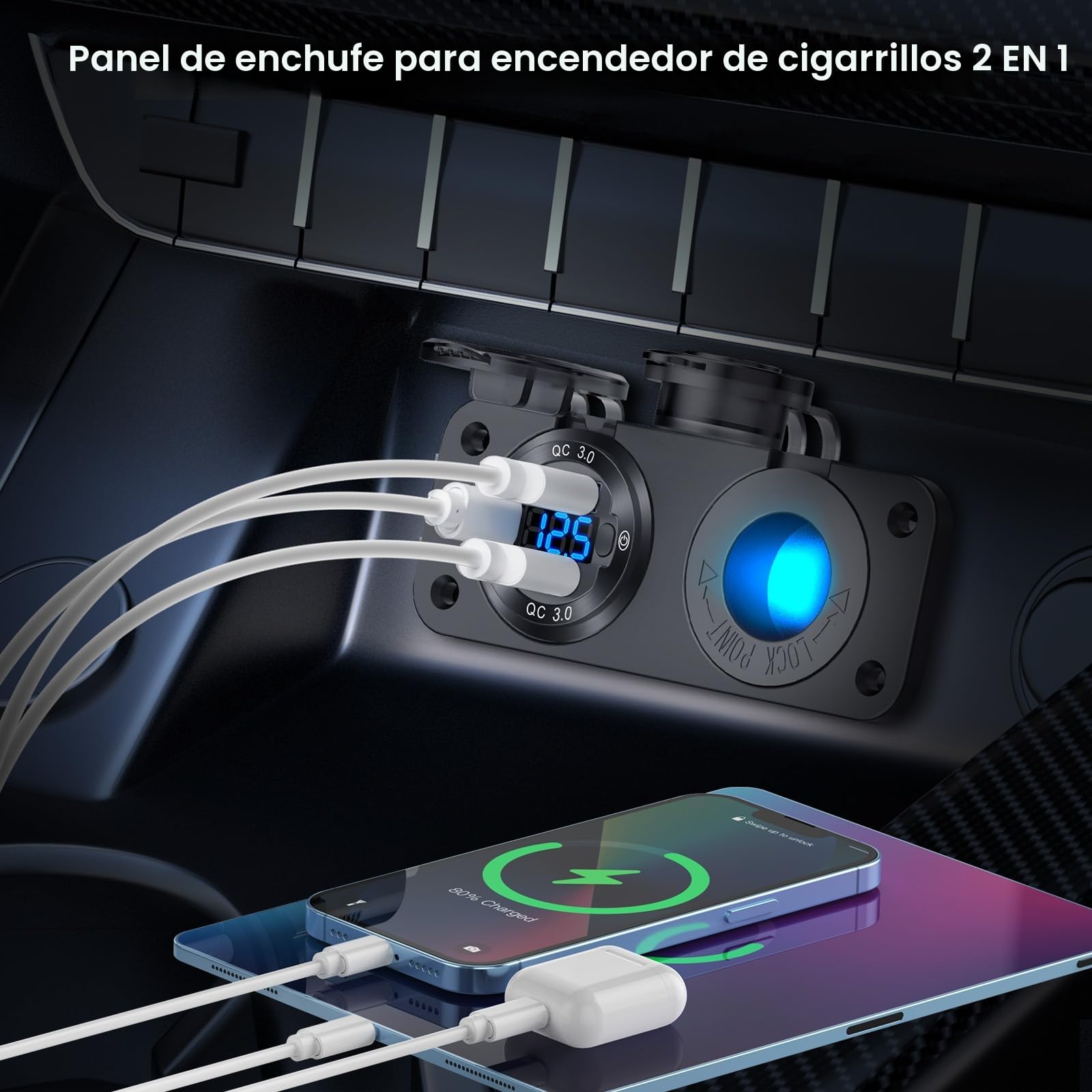 Toma USB 12V Marina Interruptor Panel Enchufe, PD3.0 y Doble QC3.0 Puertos USB Cargador Coche Aluminio con LED Voltímetro, 150W Enchufe Mechero Iluminado 12v empotrable 2 en 1 para Barco Camper, etc.