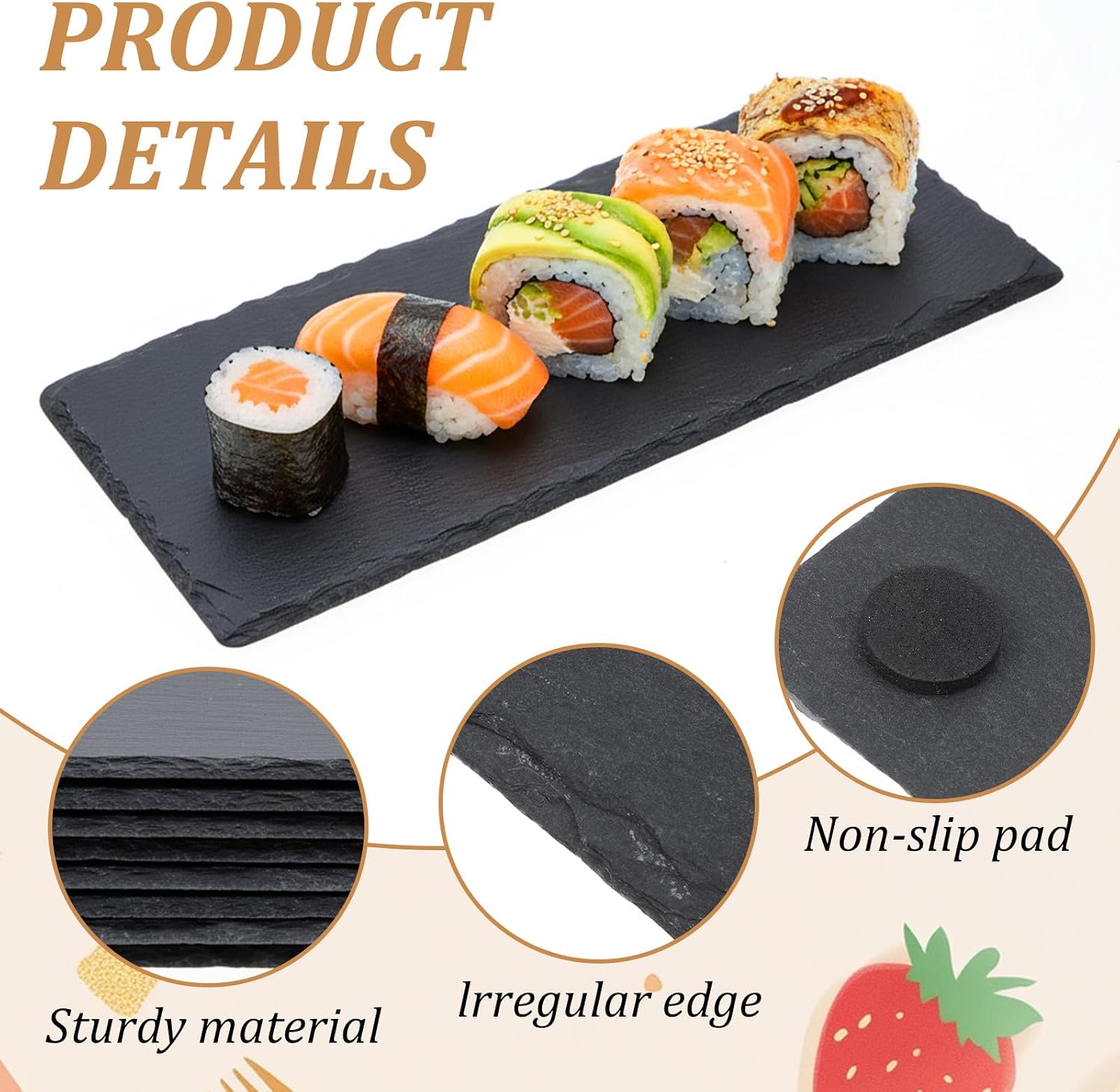 10 Pcs 8 x 4 Inch Slate Charcuterie Boards Bulk, Dark Grey Stone Cheese Plates with Non-Slip Pads, Mini Sushi Trays & Appetizer Serving Platters for Meat, Cheese, Party, or Wedding Favors