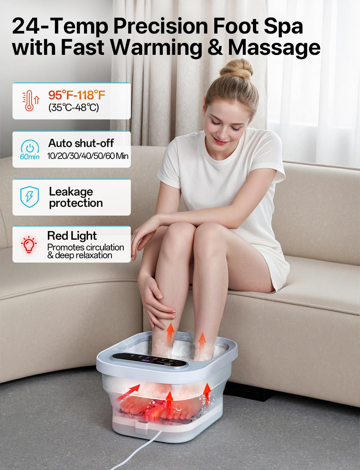 ALLJOY Masajeador Pies Plegable con Burbujas Calientes Hidromasaje Pies Spa Baño de Pies Temperatura de 24 Niveles Piedra Ponce 6 Temporizadores 6 Rodillos de Masaje Shiatsu Luz Roja Regalos