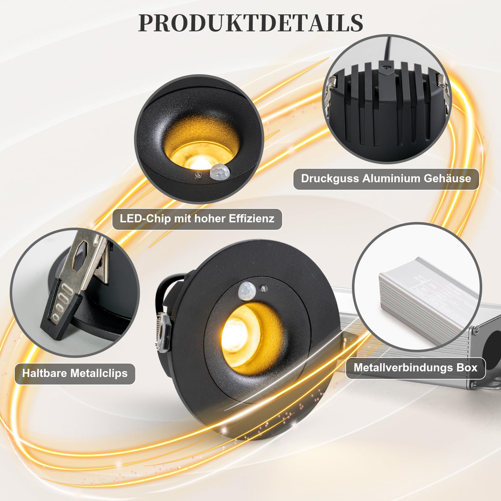 Einbaustrahler LED mit Bewegungssensor, 70mm 2er-Pack | 10W 1200LM 230V 3000K,4000K,6000K,Schwarz, ideal für Badezimmer, Küche, Flur & Treppenhaus