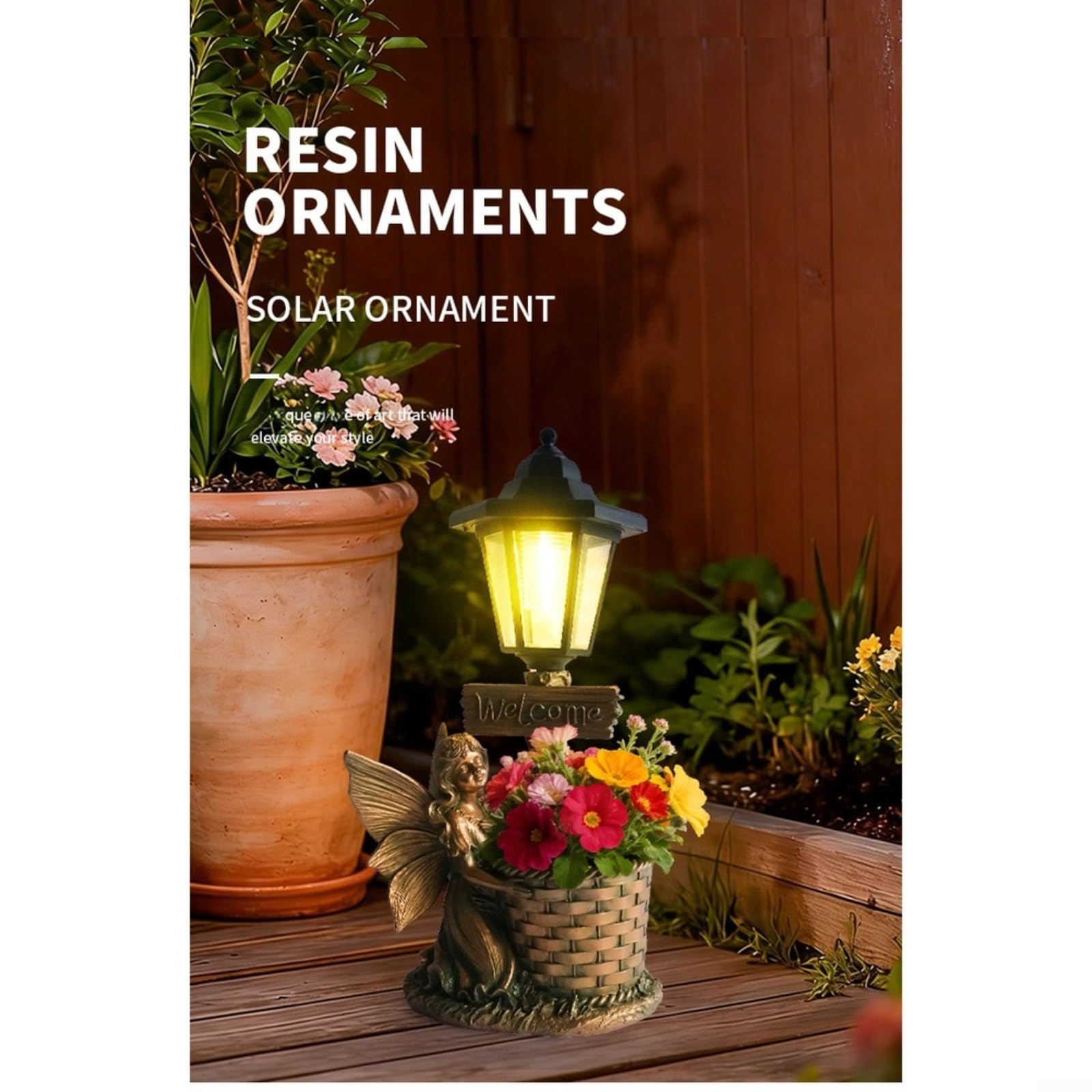 Maceta solar de resina de estilo europeo, estatua de jardín decorativa hecha a mano con luz nocturna LED, IP44 impermeable, decoración de paisaje al aire libre para patio, acabado de cobre (D)