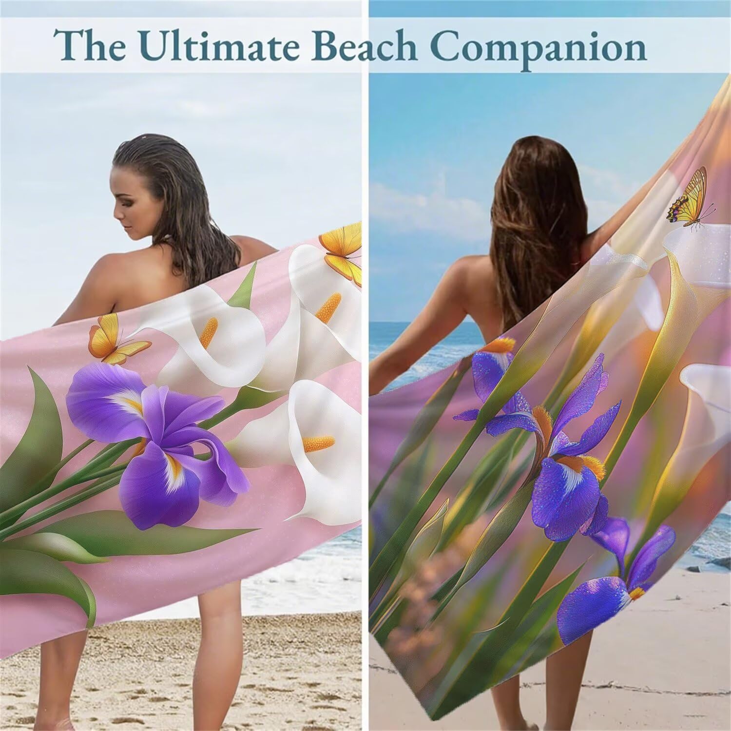 Serviette de Plage 90x200cm, Moderne Serviette Microfibre Lot de 2 Fleurs Motif Ultra Absorbantes Séchage Rapide Anti Sable Légère Drap de Plage avec Bouton Pression Design pour Piscine Sauna,Model296