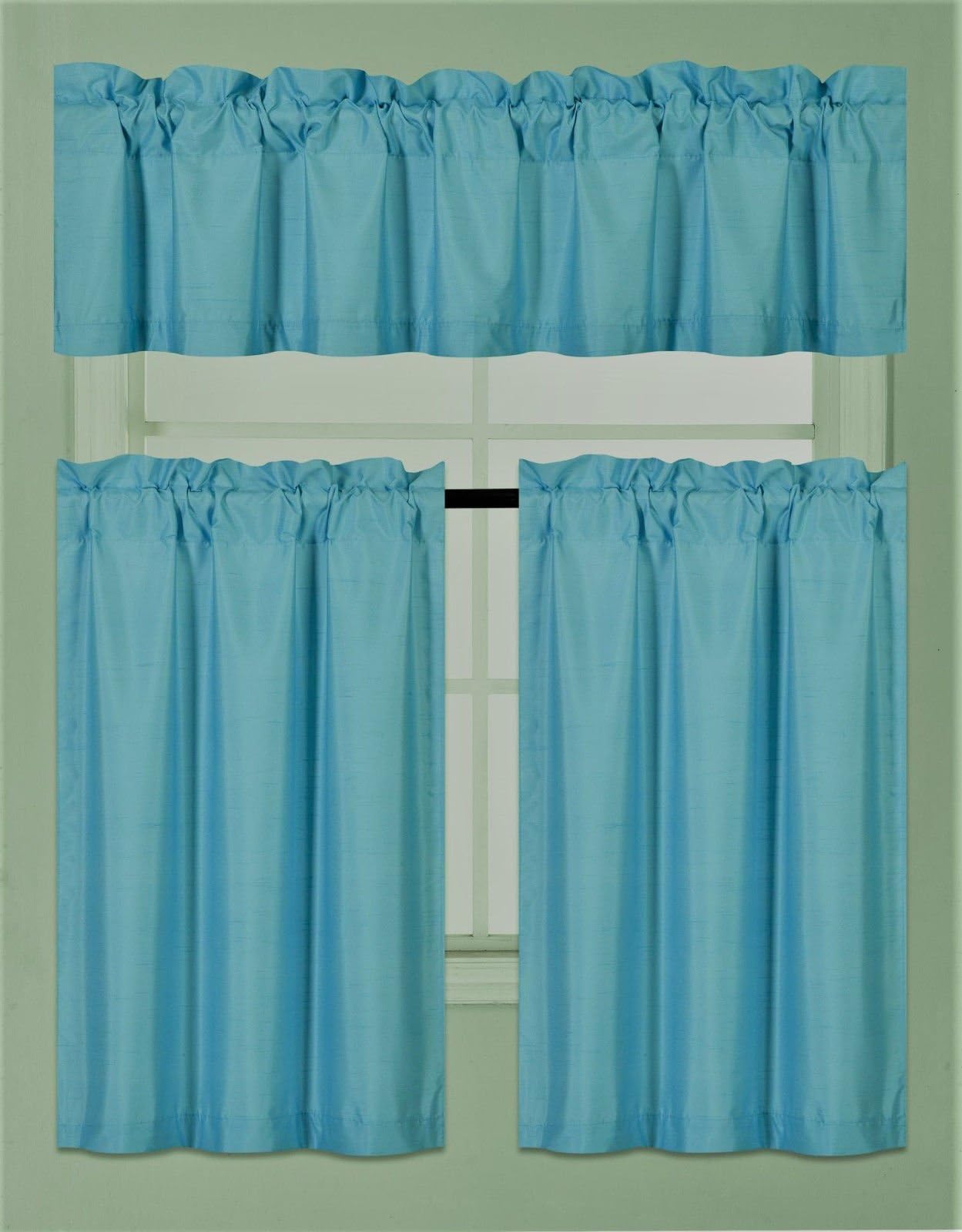 Gorgeous Home Linen (K3) 3 PC Kitchen Window Valance Tier Curtain Faux Silk Panels Lined Thermal Room Darkening Insulated Blackout Set (Aqua)
