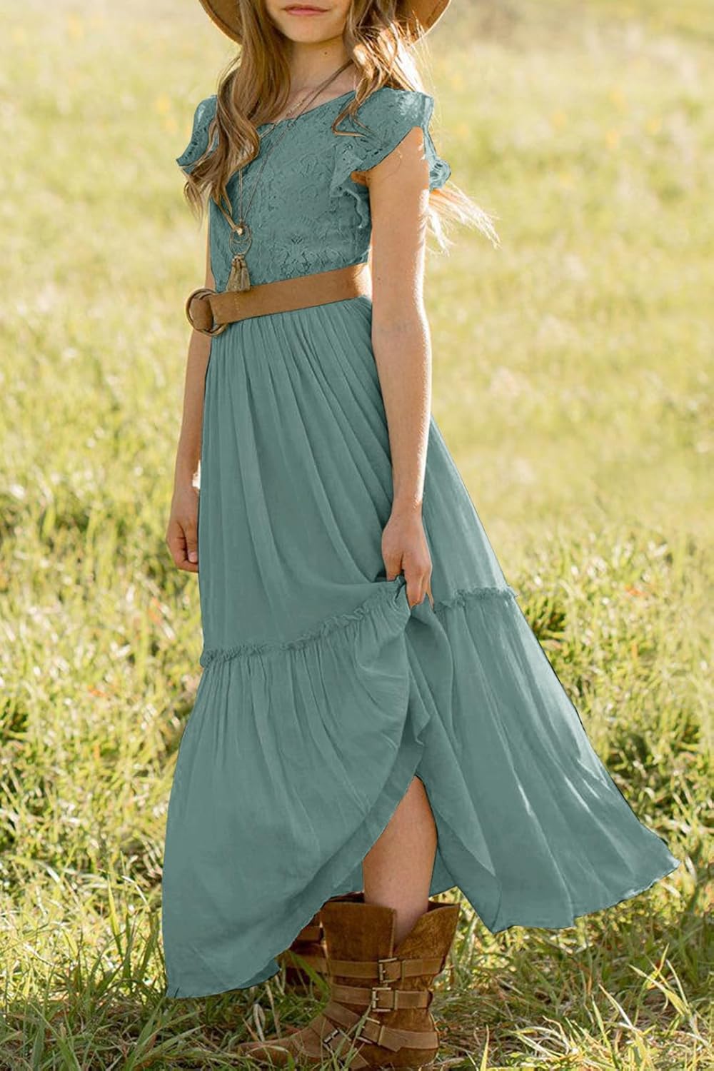 MITILLY Girls Lace Flower Ruffle Sleeve A-Line Swing Wedding Party Maxi Dress with Pockets - Image 4