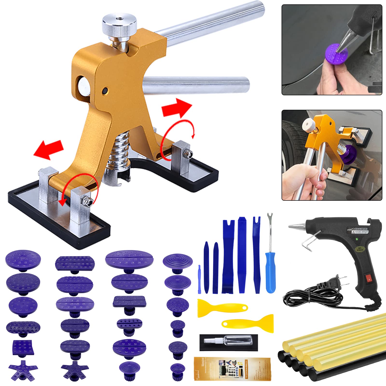 46pcs Paintless Dent Repair Tool Dent Puller Kit, Adjustable Width, Pops a Dent Car Dent Removal Kit, Golden Lifter, Glue Gun for Automobile Body Motorcycle Refrigerator,New Upgrade Design