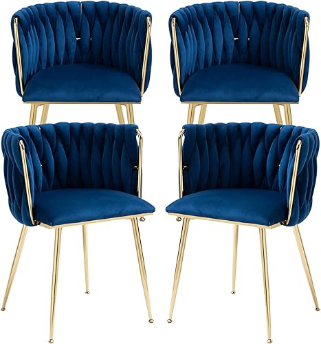 Miniatura 1 de Nrizc Juego de 4 sillas de comedor tejidas, sillas de comedor tapizadas de terciopelo con patas de metal dorado, sillas decorativas modernas para