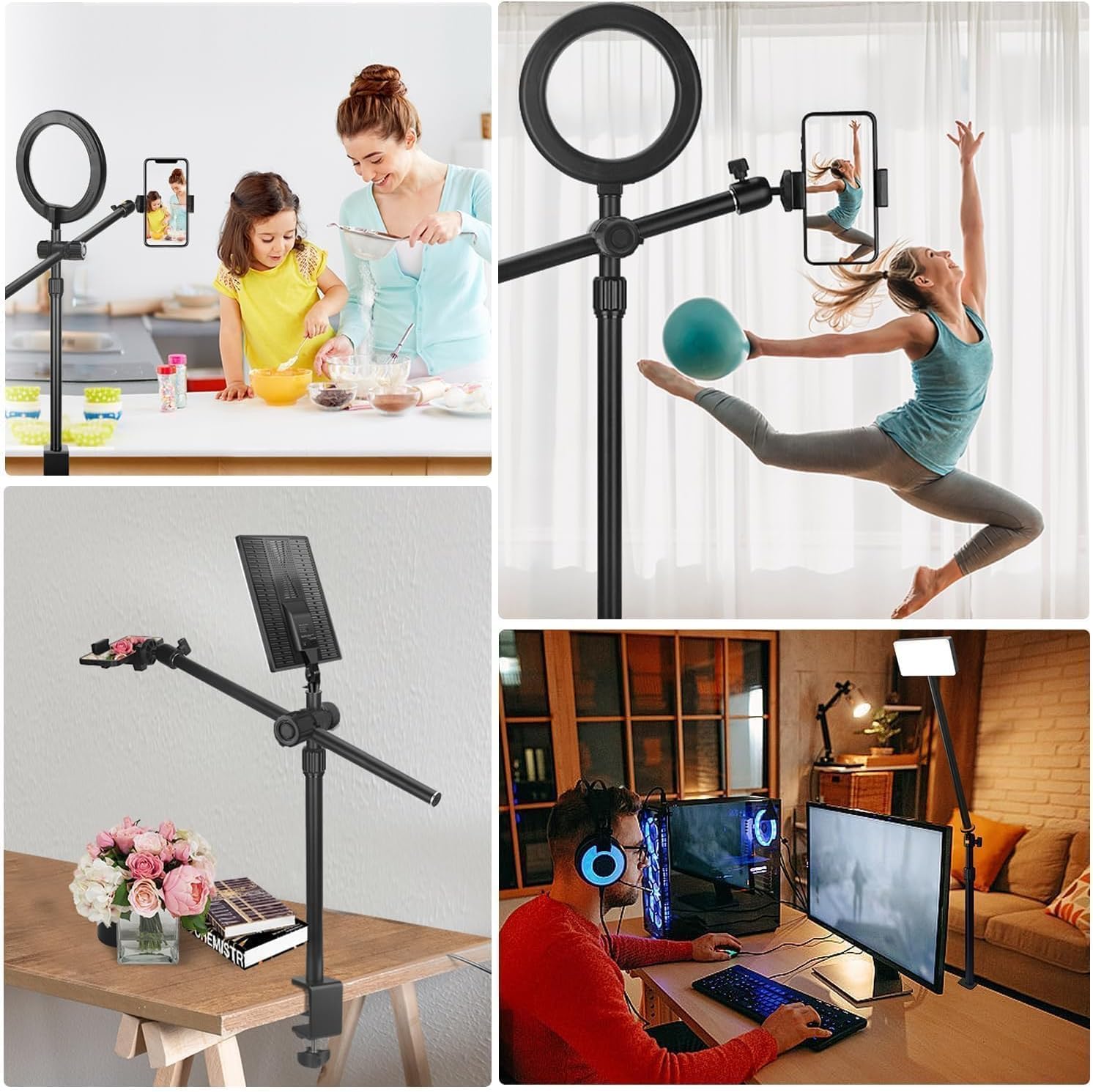 OS02 Supporto da tavolo per Fotocamera, 31 – 97 cm, Regolabile, per DSLR, Treppiedi con Braccio Flessibile e Testa a Sfera da 1/4" per Fotocamera, Luce ad Anello Live Streaming