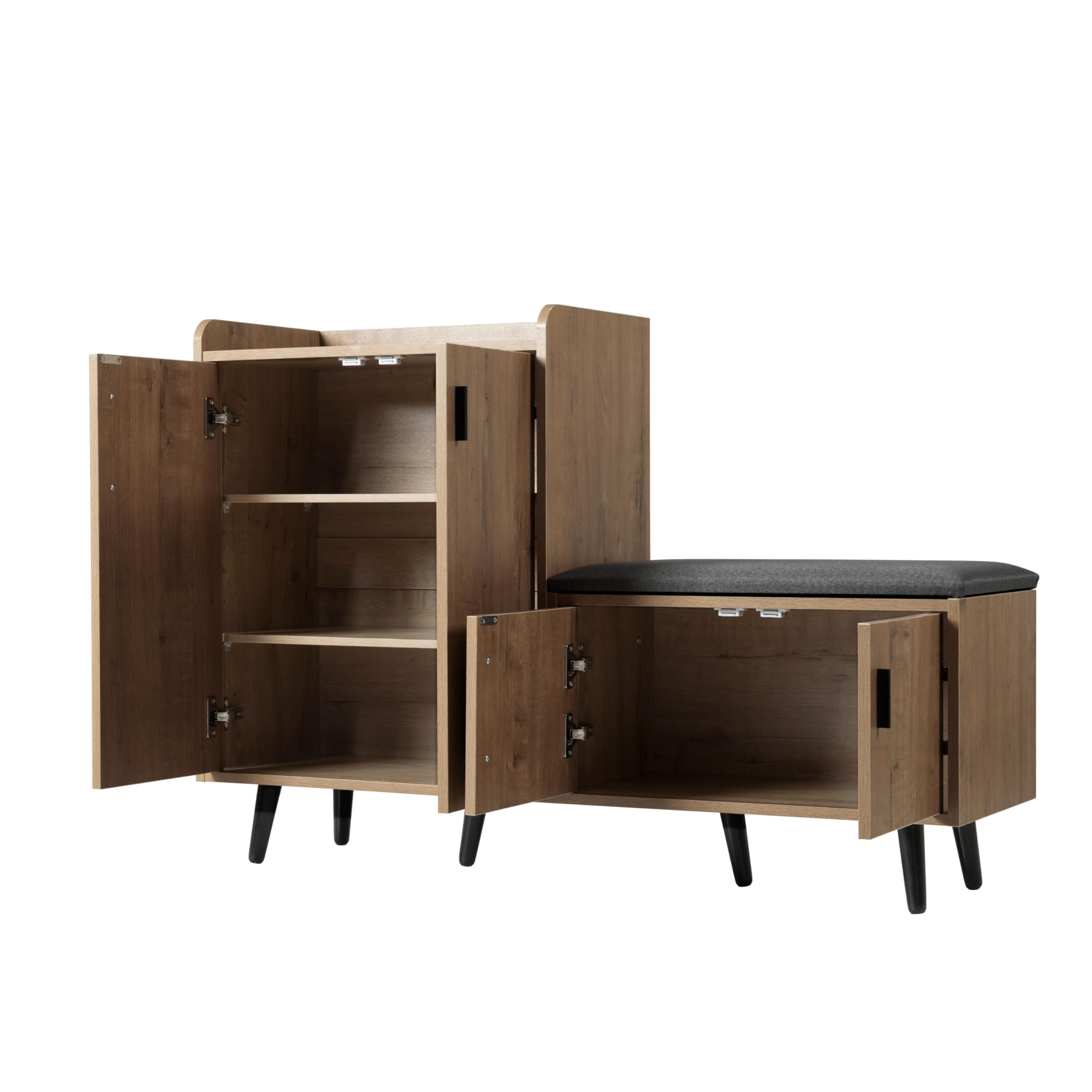 Zapatero moderno, equipado con cuatro puertas de almacenamiento, asas de metal asimétricas, ancho 120/D34/alto 82,8 cm (natural, B120/D34/H82,8 cm)