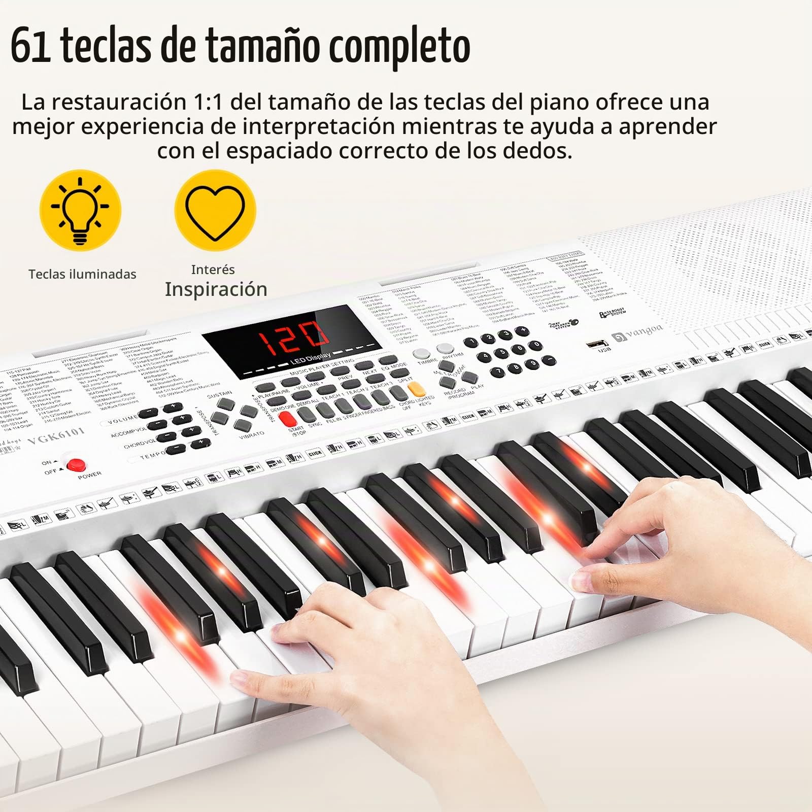 Vangoa Teclado de Piano 61 Teclas Iluminadas Enseñando Electrónicos Teclado Musical con Soporte, Micrófono, 600 timbres, 400 ritmos, 30 demos, Blanco