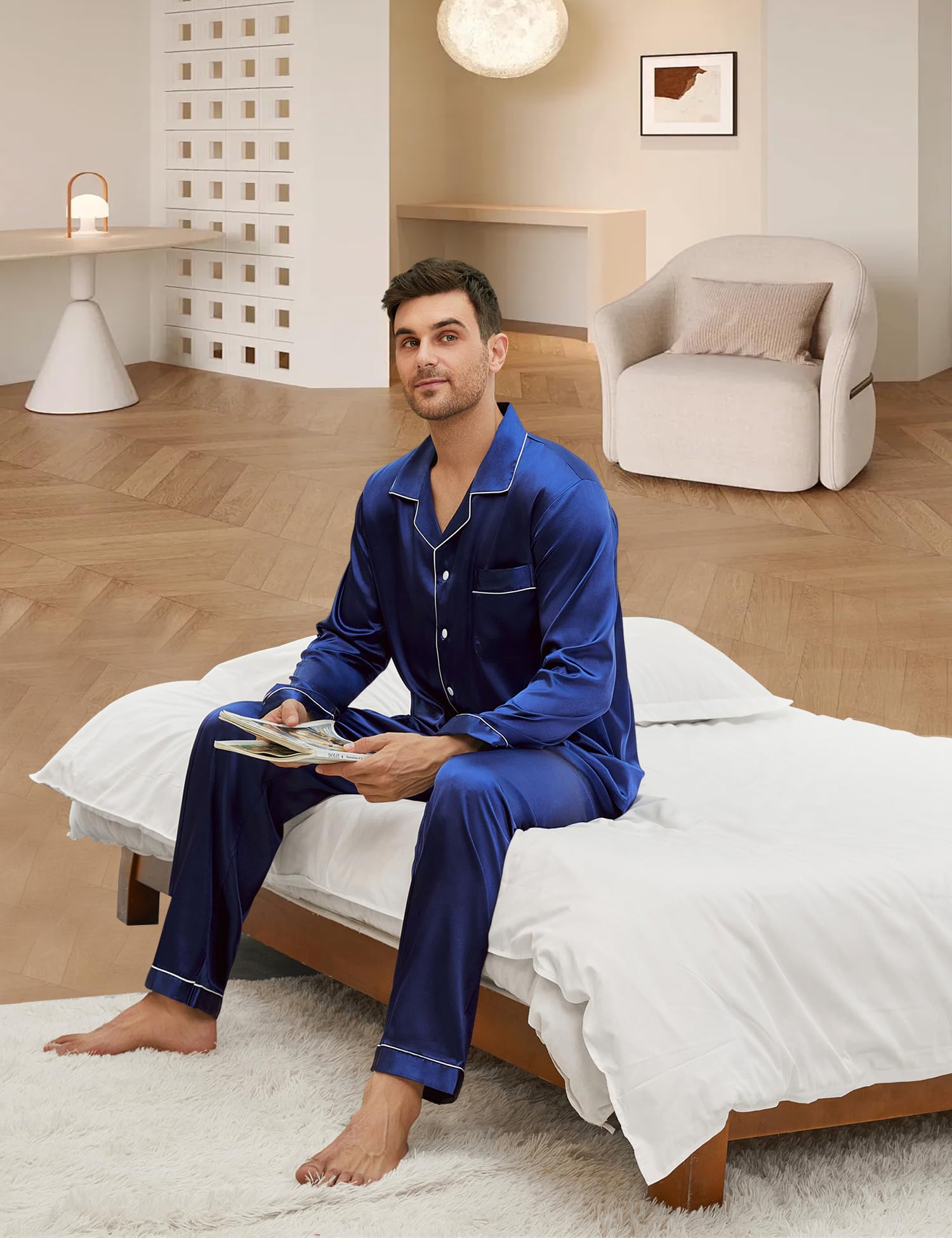 Pigiami Due Pezzi da Uomo Pigiama Raso con Bottoni Set Pigiama Top a Maniche Lunghe con Tasche, Pantaloni Pigiama Uomo Classic Loungewear