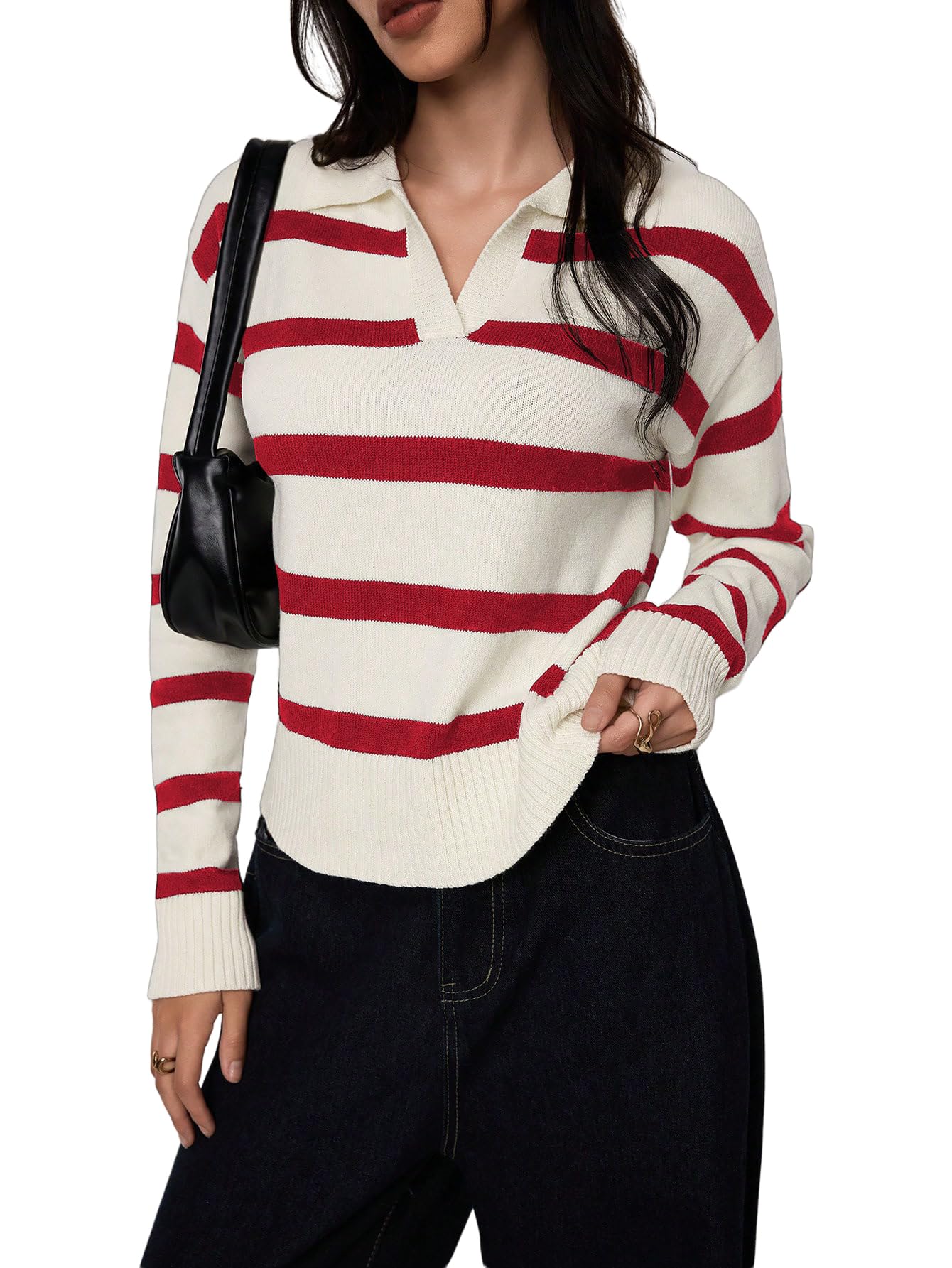 Verdusa Womens Striped Pullover Sweater Old Money Knit Tops Collared V Neck Jumpers Spring Fall Clothes