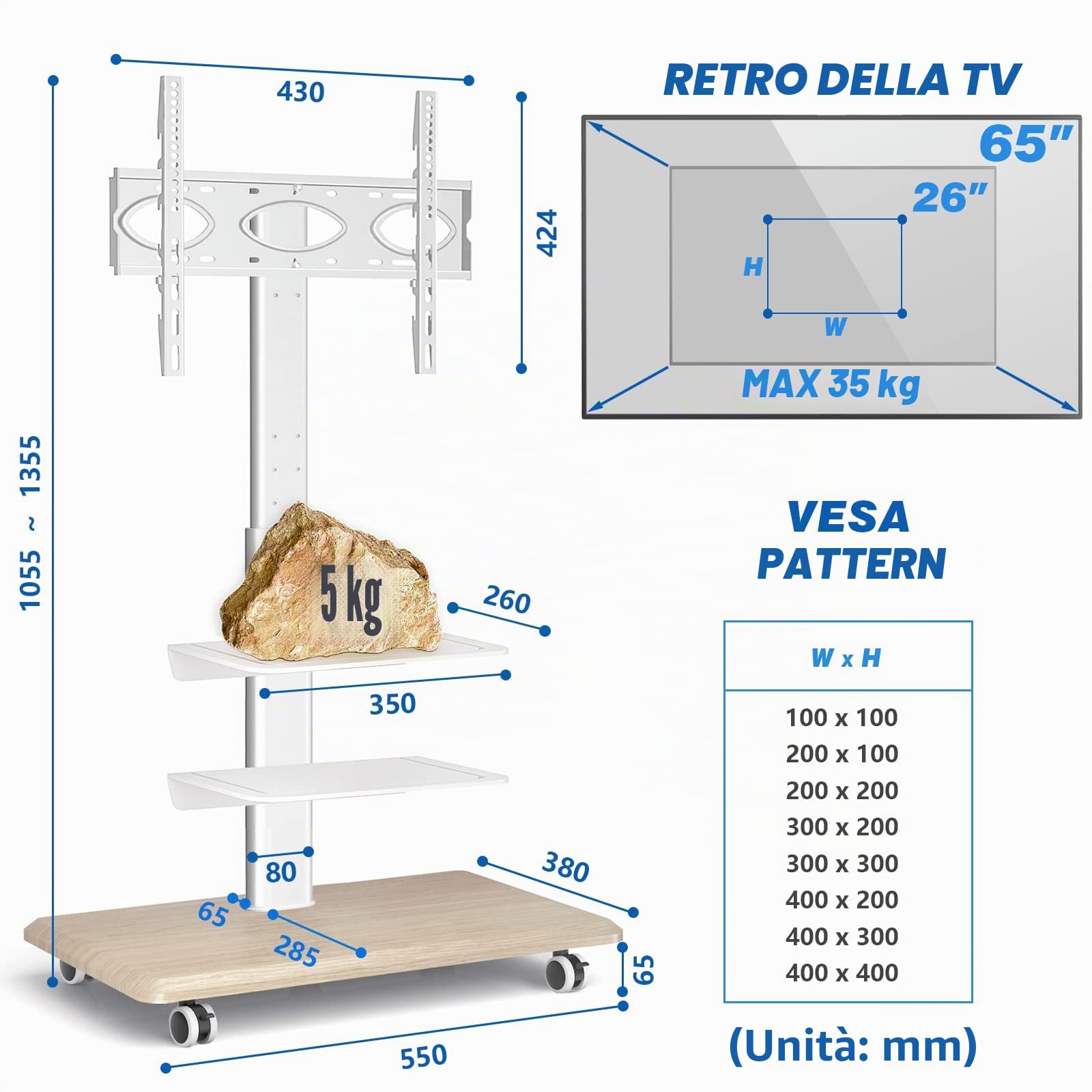 RFIVER Supporto TV da Pavimento Per TV da 26-65 Pollici LCD/LED/Plasma, Carrello Porta TV con Ruote Regolabile in Altezza Porta TV da Terra con 3 Ripiani Fino a 35kg, Max. VESA 400x400mm, Bianco