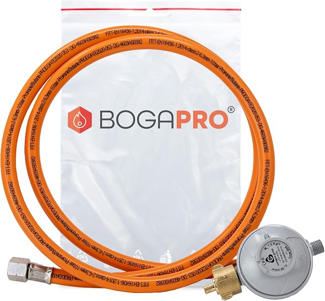 BOGAPRO Wąż do propanu i regulator ciśnienia gazu, 1/4" gwint lewy 150 cm, długość 150 cm worek foliowy