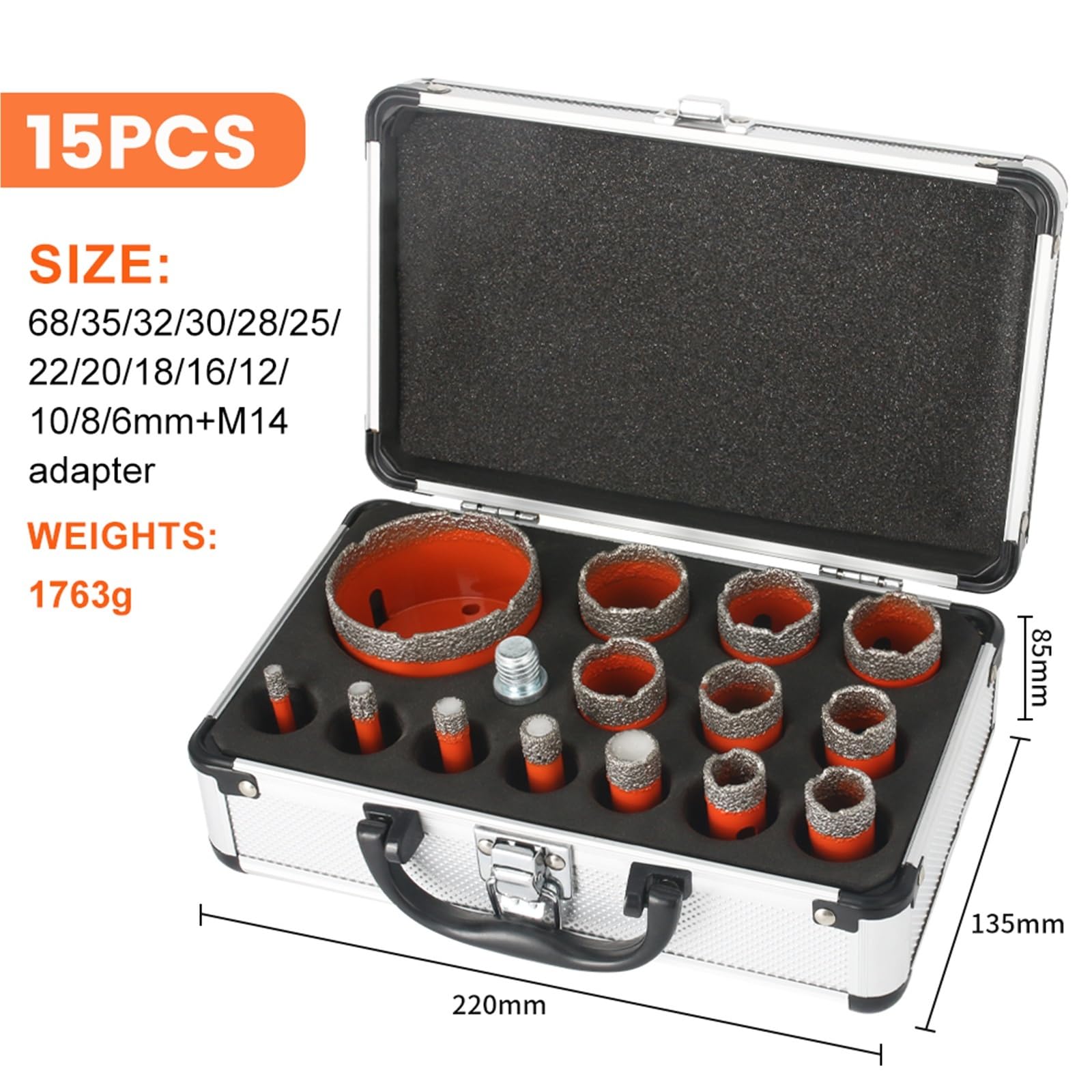 Juego De Brocas De Perforación Soldadas Al Vacío, Hilo De Diamante M14, Taza De Porcelana, Sierra, Azulejos, Granito, Mármol, Herramientas De Sierra Perforadora(15Pcs Suitcase)