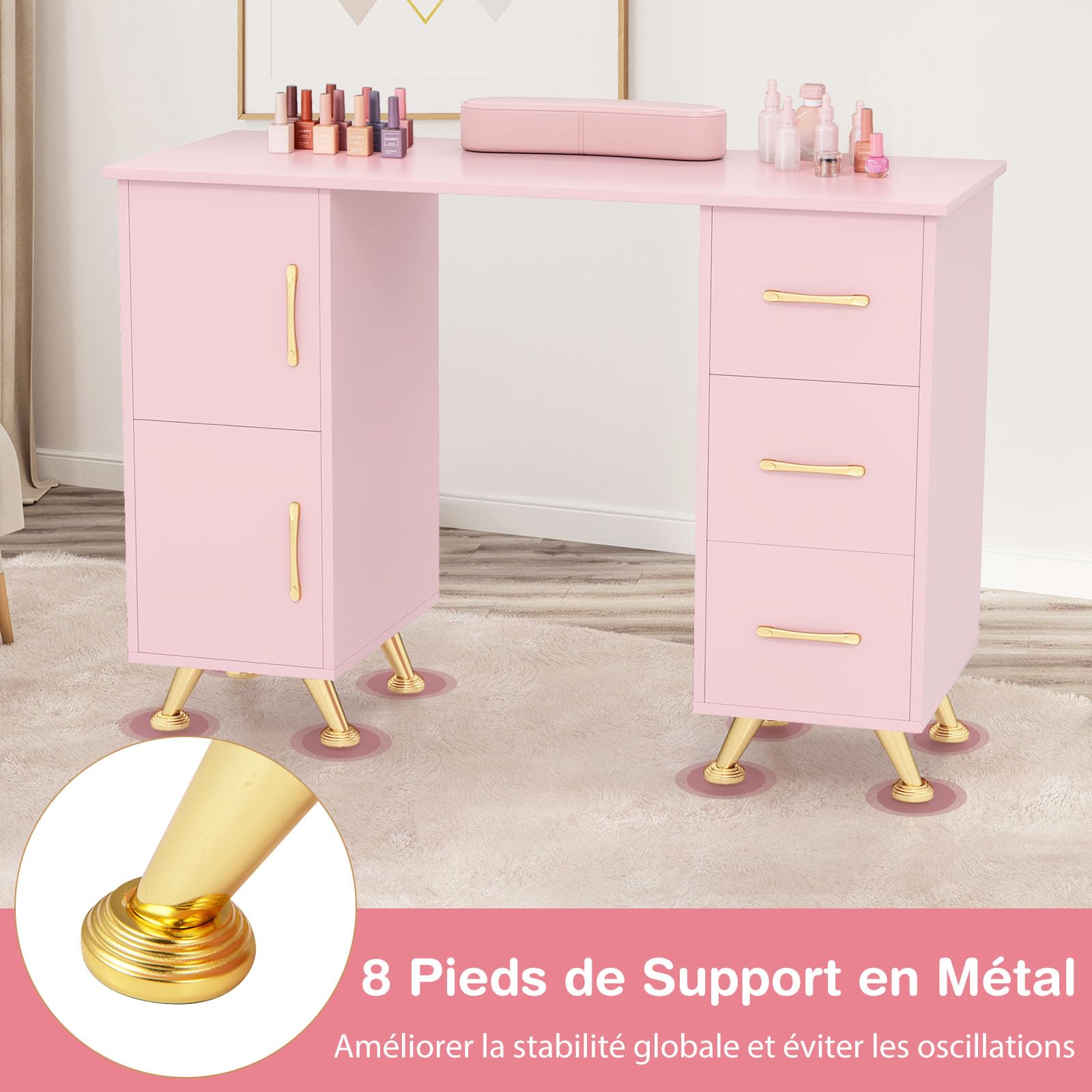 GOPLUS Table Manucure Professionnelle, 2 en 1 Bureau et Table Ongulaire, avec Repose-Poignet, 8 Pieds en Métal, 3 Tiroirs, 2 Armoires, Station de Travail en Bois, pour Salon de Beauté (Rose)