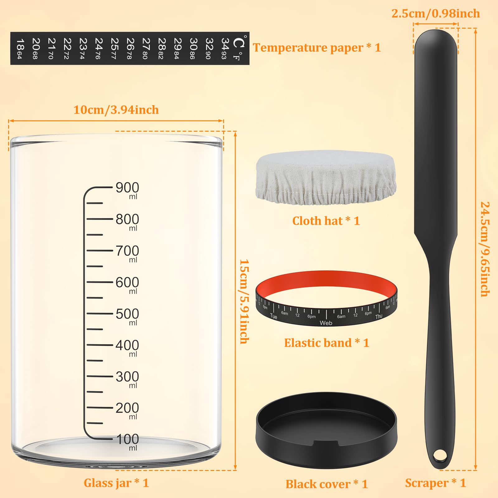 UrbanHomes Sourdough - Set Di Barattoli Rotondi in Vetro Da 1000 Ml, Con Termometro, Fascia Per Data Di Alimentazione, Copertura in Panno, Raschietto in Silicone, Fermentazione Del Pane