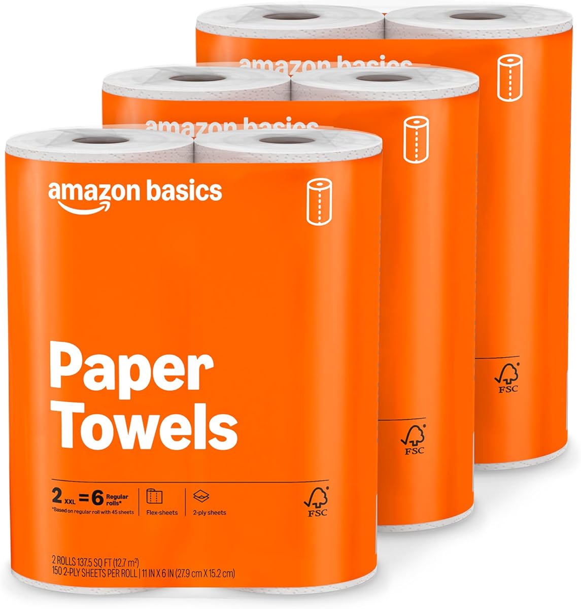 Amazon Basics 2-Ply Flex-Sheets Paper Towels, 6 Rolls = 20 Regular Rolls, 150 Sheets per Roll, Everyday Value