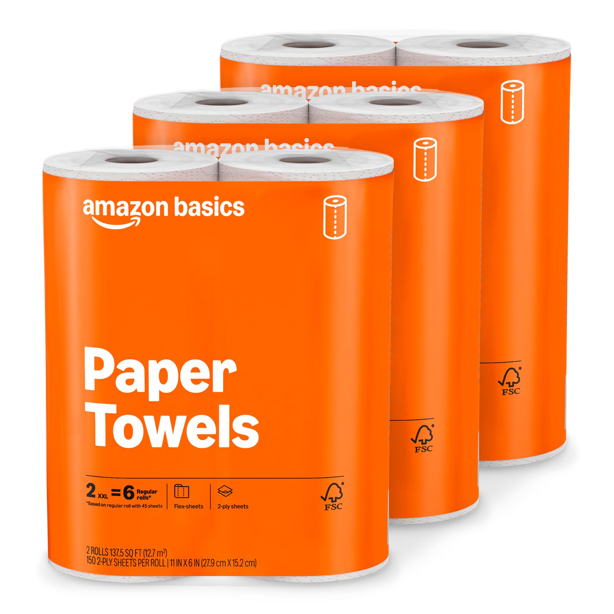 Amazon Basics 2-Ply Flex-Sheets Paper Towels, 6 Basics Rolls = 20 Regular Rolls, Everyday Value with 150 Sheets per Roll, Packaging May Vary