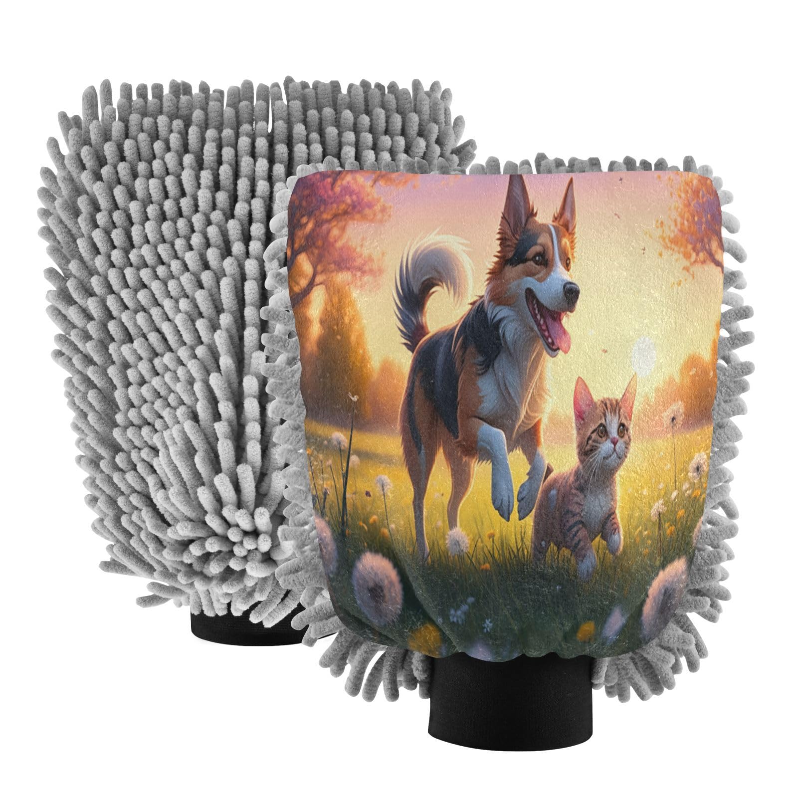 STAYTOP Dog and Cat Enjoying A Sunny Day Car Wash Mitt Microfiber, 2Pcs Scratch Free Lint-Free, Premium Chenille Microfiber Mitt Car Wash Brush-M