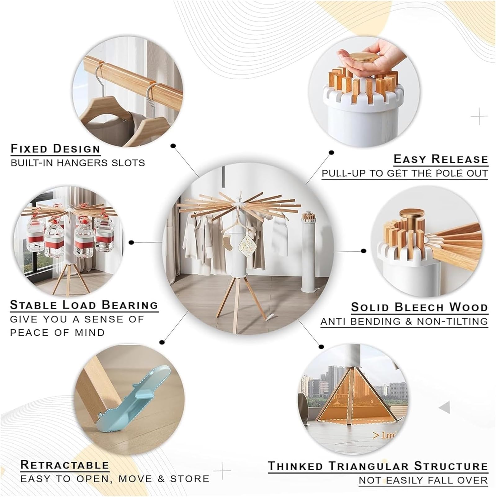 FAXIOAWA Tendedero Plegable para Secado De Ropa, Ahorro De Espacio Portátil, Alta Capacidad Ajustable, 16 Postes, Tendedero De Madera para Secado, Soporte para Suelo