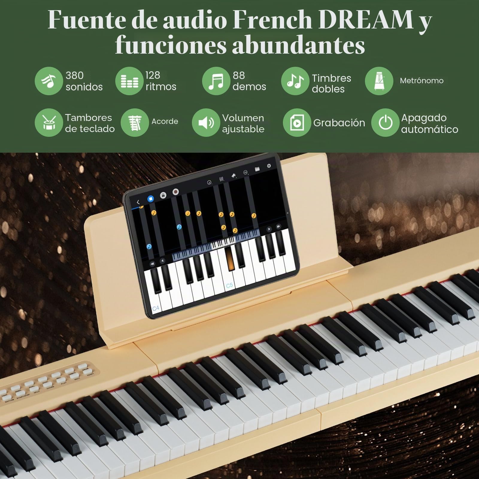 KOMFOTTEU Piano Digital de 88 Teclas, Teclado de Piano con 380 Sonidos, 128 Ritmos, 88 Demos, MIDI, Pedal de Sostenido, Piano Eléctrico Portátil con Soporte para Música, Bolsa de Transporte (Marrón)