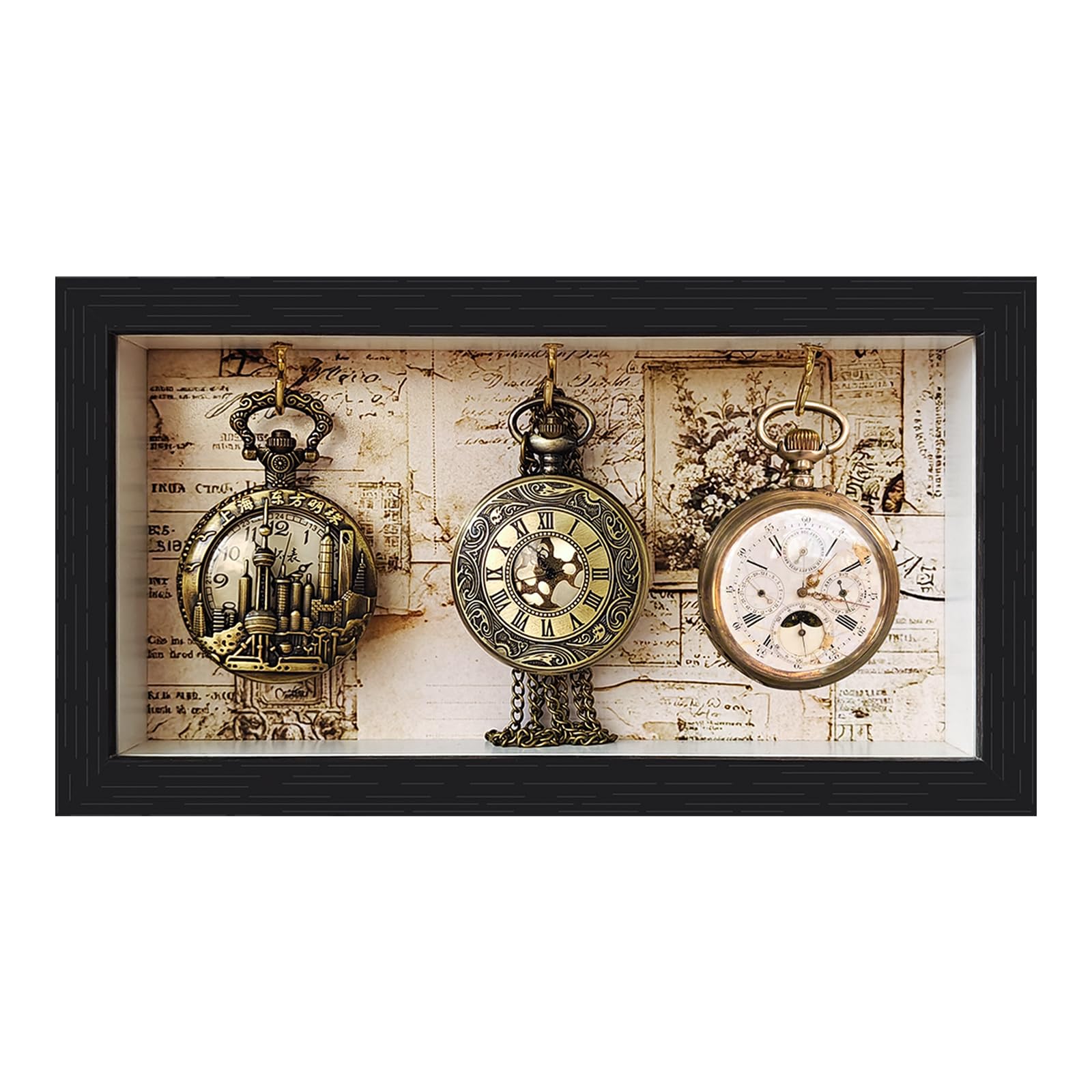 Pocket Watch Shadow Box Photo Frame, 3-Pocket Watch Display case- Keychain Display Box Also Holds a Fishing Lure or Pocket Watch - Keychain Collection displays for Home and Kitchen.
