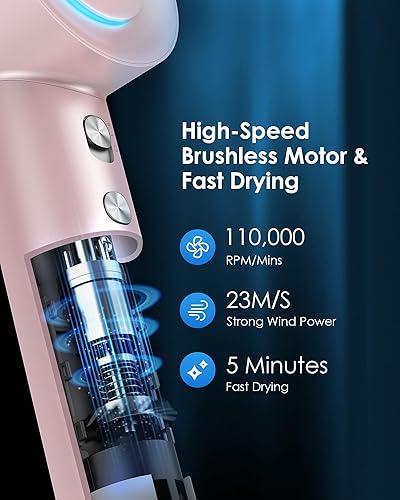 Miniatura 3 de Secador de pelo, secadora de iones negativos, motor sin escobillas de 110, 000 RPM, 3 ajustes de calor, boquilla magnética giratoria de 360, secador