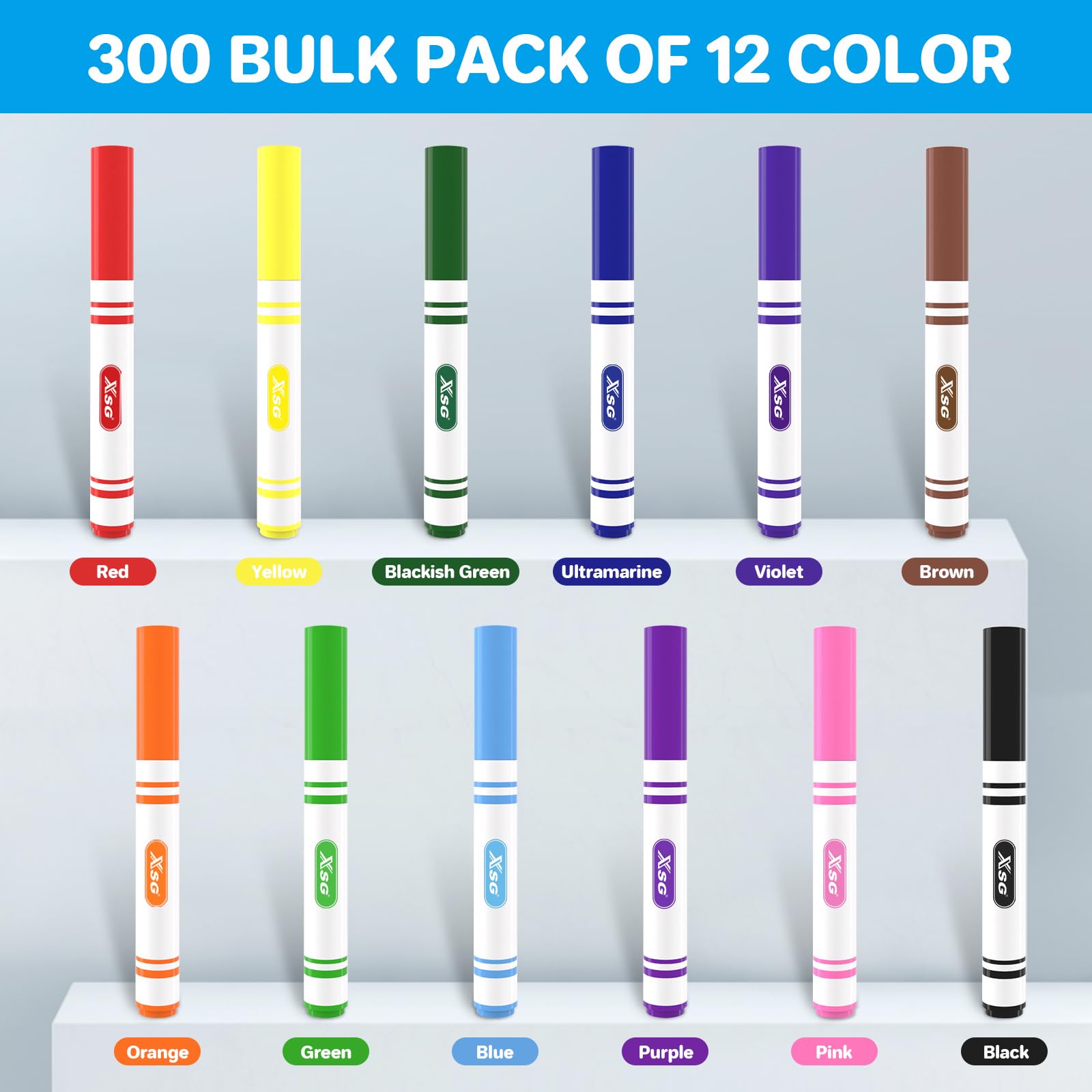 XSG Confezione da 300 pennarelli lavabili per classe, confezione da 12 pennarelli colorati con punta conica a linea larga, forniture artistiche atossiche e materiale scolastico per studenti