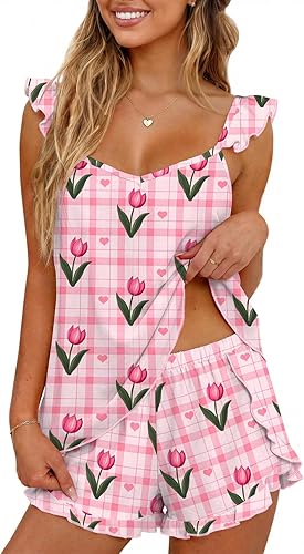 Ekouaer Womens Pajama Sets Ruffle Cami Top and Shorts 2 Piece Lounge Set Sleepwear, Summer Comfy Cute Bridal Pajama for Women